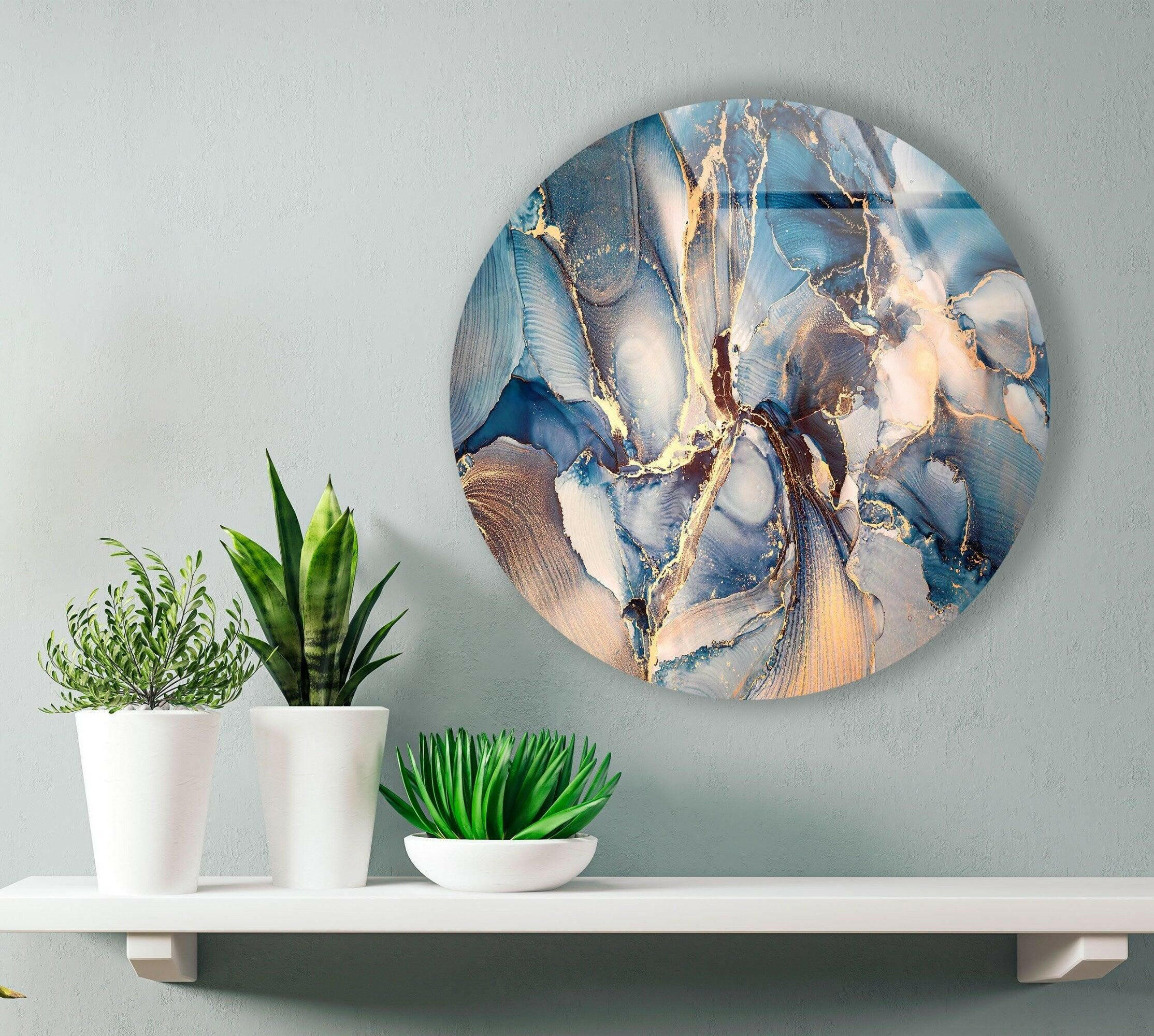 Blue Marble Pattern Round Glass Wall Art - Elegant Home Decor for Living Room, Bedroom & Office - Perfect for Modern & Contemporary Interior Design