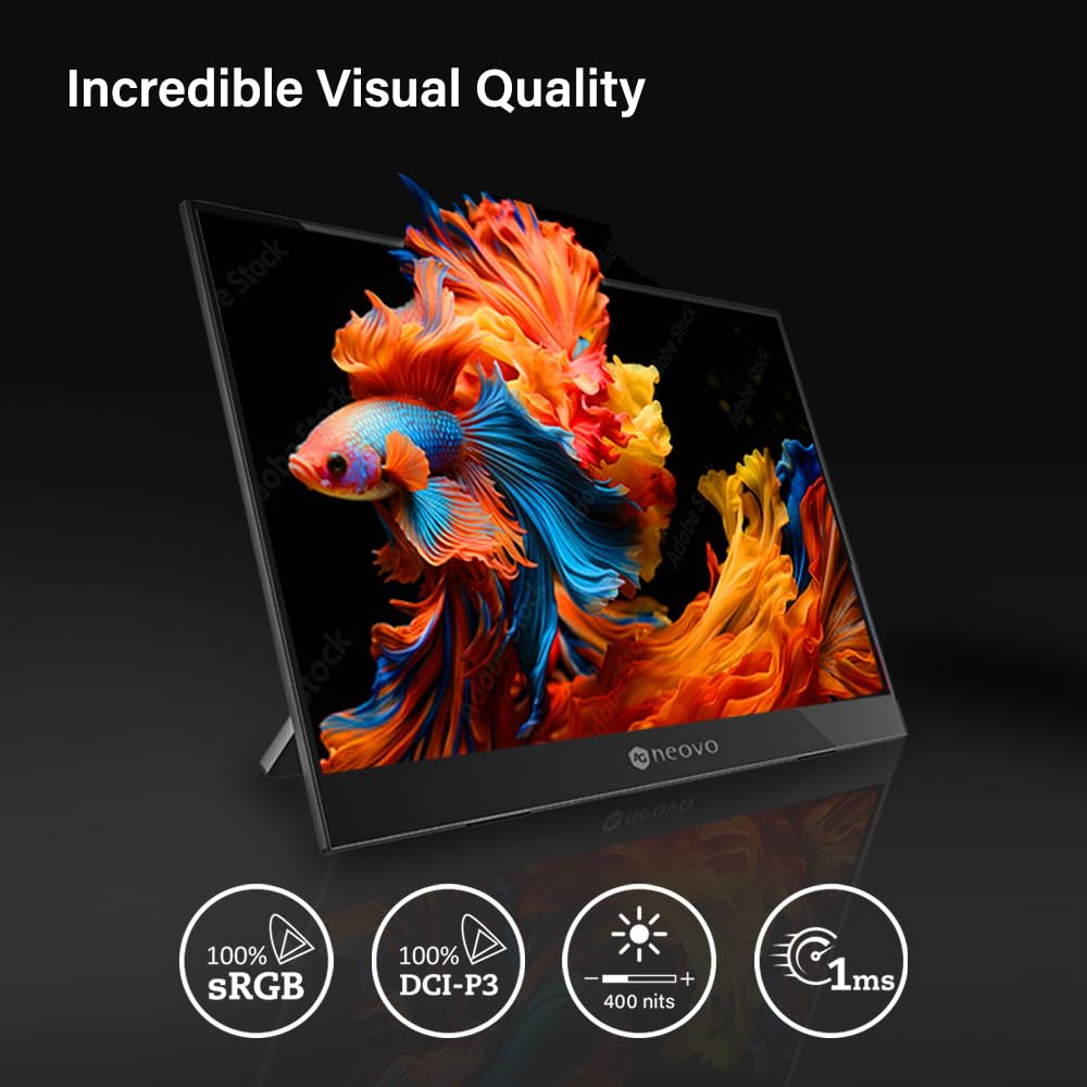 AG Neovo N1651 15.6 Inch OLED Portable Monitor - 4K UHD 3840×2160, Dual USB-C & Mini HDMI, 100% DCI-P3/sRGB, 400 Nits, 1ms Response, HDR400 - Perfect for Gaming, Graphic Design & Mobile Workstations (Includes Carrying Bag)