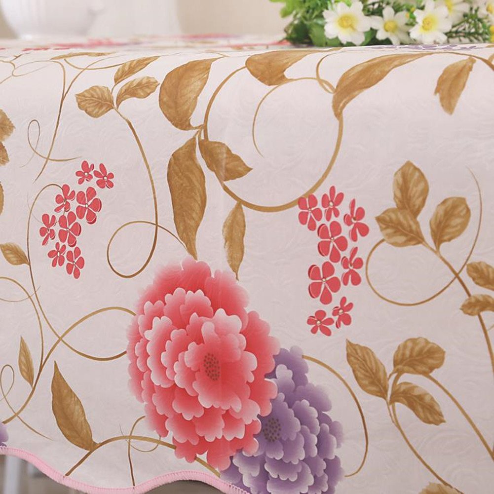 Fanjow® Waterproof Oil-Proof PVC Tablecloth with Flannel Back - Floral Design Washable Dining Table Cover (54x72 Inches, Peony) - Perfect for Parties, Picnics, and Everyday Kitchen Use