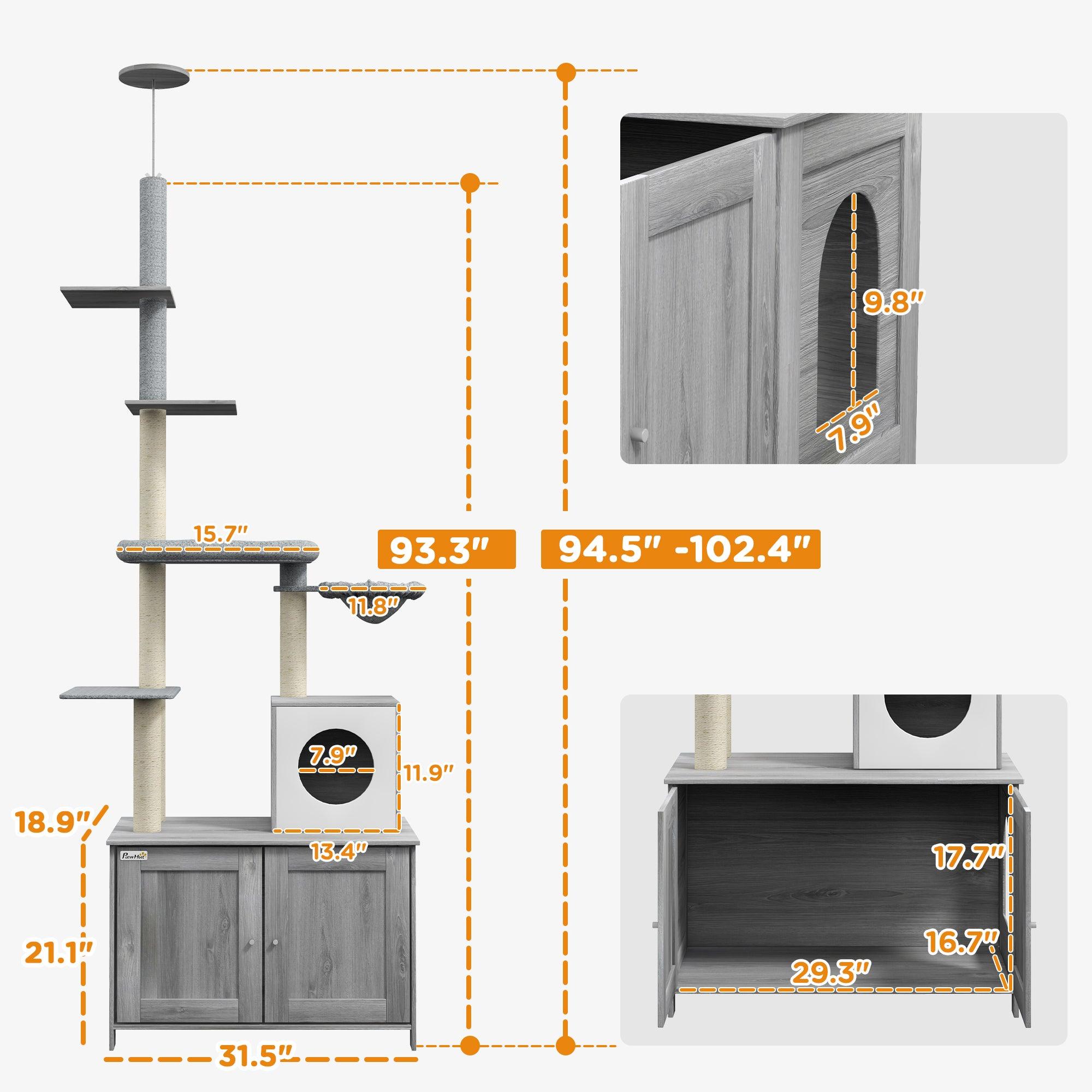 Multi-Level Cat Tree with Hidden Litter Box - 2-in-1 Floor to Ceiling Cat Tower with Condo, Bed, Hammock & Scratching Posts - Space-Saving Cat Furniture for Small Apartments (Gray) - Perfect for Indoor Cats Who Need Privacy While Using the Litter Box