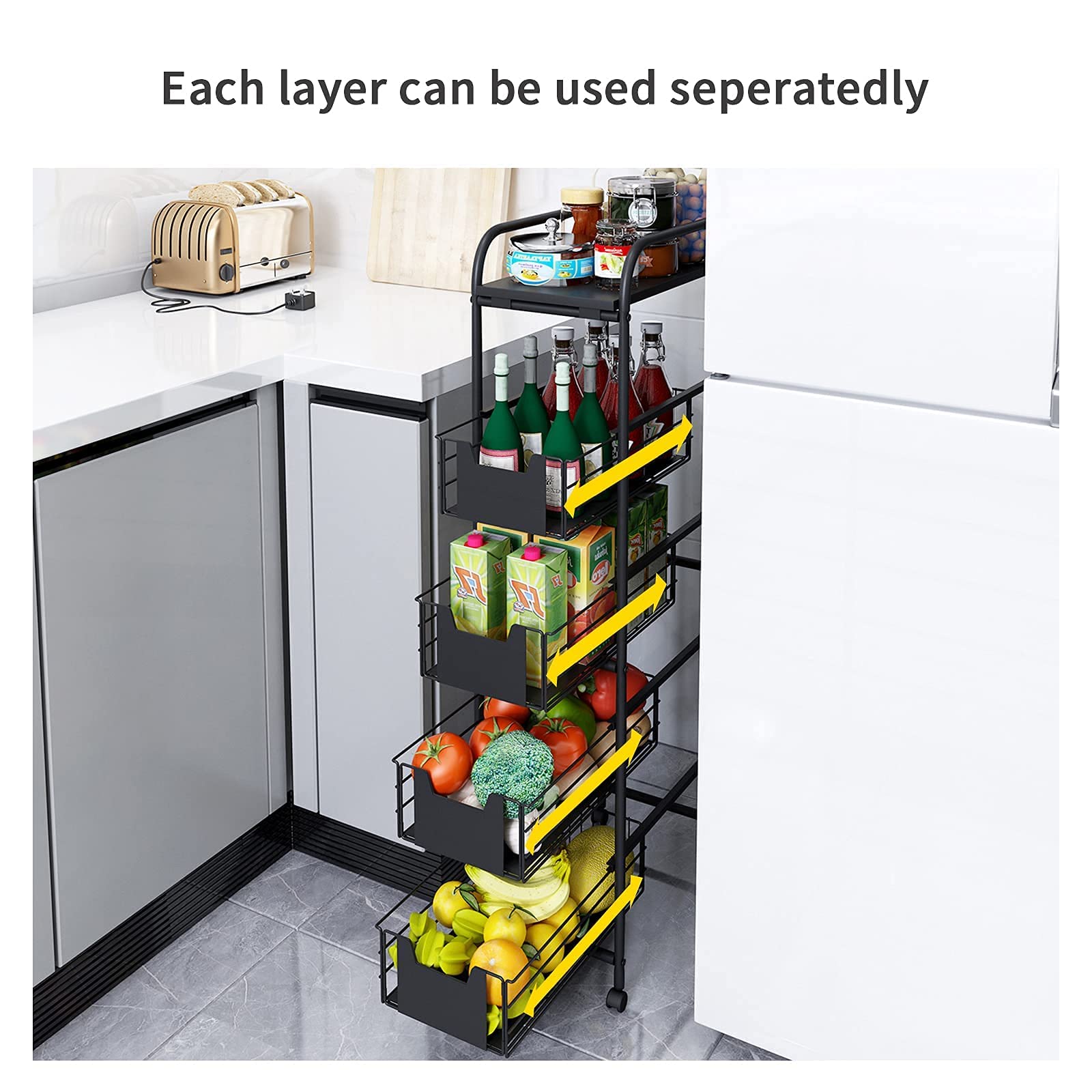 WHIFEA 5-Tier Slim Rolling Cart with Pull-Out Drawers - Space-Saving Corner Storage Shelf Organizer with Wheels - Metal Storage Shelving Unit for Kitchen, Bedroom, Bathroom & Home Office - Perfect for Small Spaces, Pantry Organization & Closet Storage