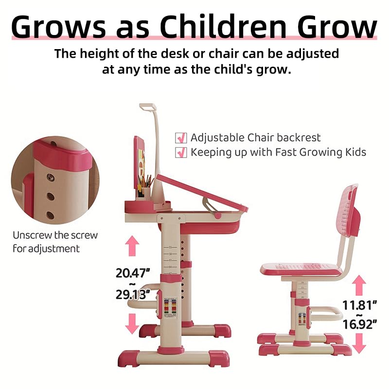 Adjustable Kids Desk and Chair Set with LED Light & Storage Drawer - Ergonomic Study Desk for Children, Tiltable Desktop for Drawing, Reading & Homework - Perfect for Bedroom, Homeschooling & Playroom (Pink)