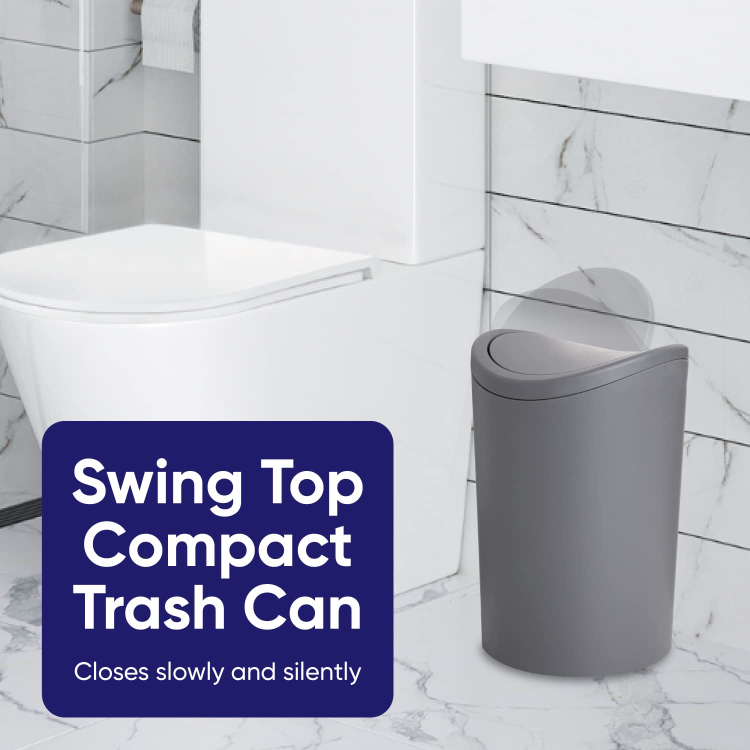 Premium 6L Grey Modern Bathroom Trash Can with Swing Lid & Toilet Brush Set - Plastic Waste Basket with Toilet Bowl Cleaner - Perfect for Small Bathrooms, Powder Rooms & Vanity Areas