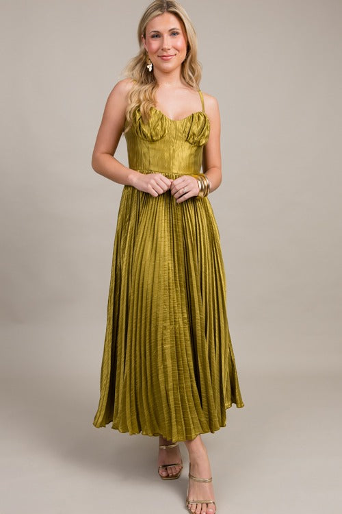 Elegant Chartreuse Satin Pleated Midi Dress for Women - Perfect for Cocktail Parties, Weddings & Special Occasions