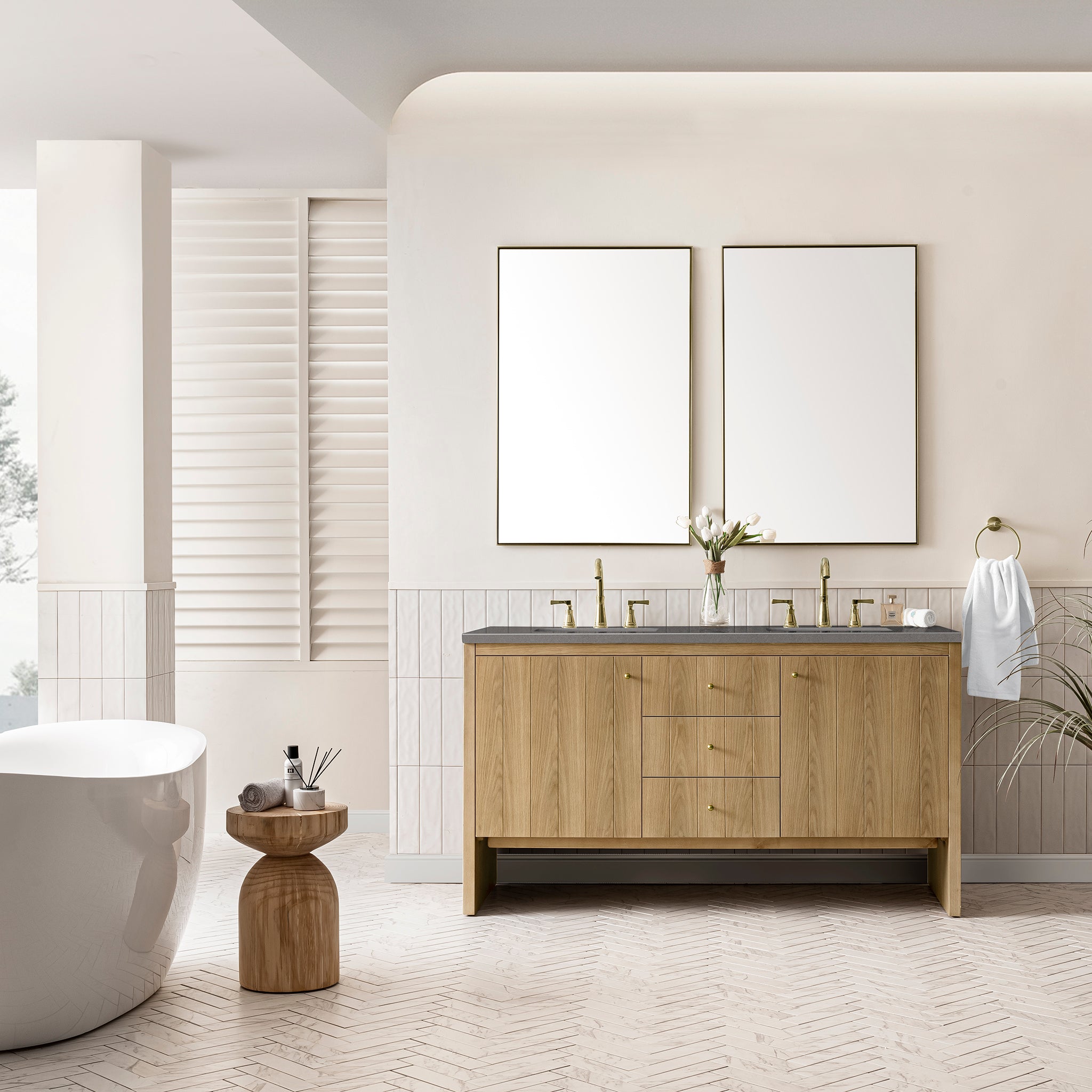 Hudson 60 Inch Double Bathroom Vanity with Light Natural Oak Finish & 3CM Grey Expo Top - Perfect for Master Bathroom Renovation and Modern Home Decor