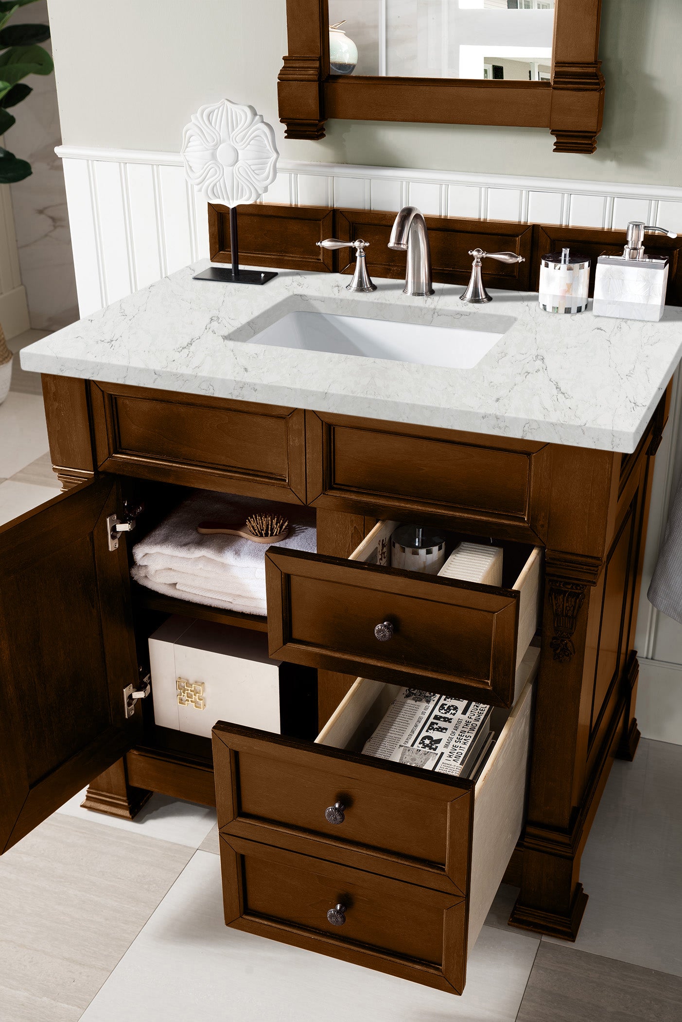 Brookfield 36-Inch Single Bathroom Vanity in Country Oak with 3CM Eternal Jasmine Pearl Quartz Countertop | Perfect for Modern Farmhouse & Rustic Bathroom Designs