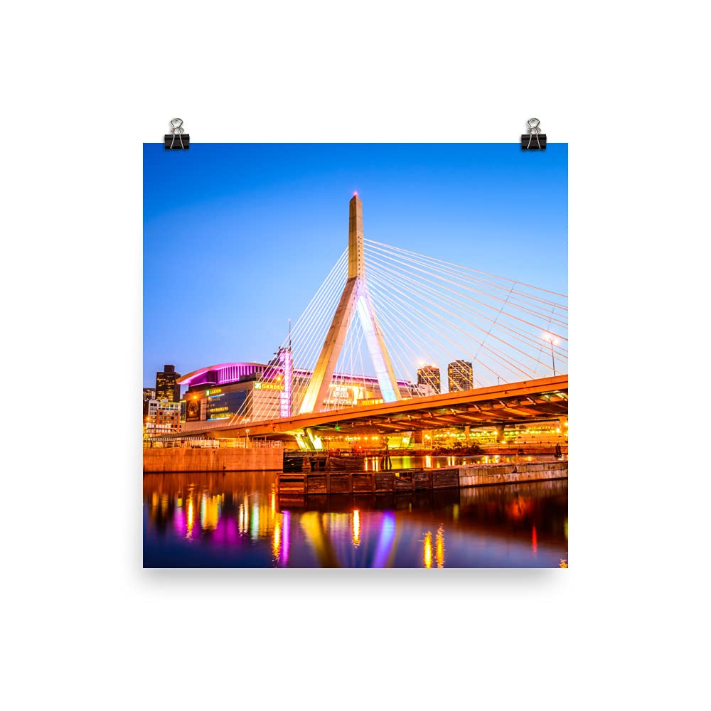 16x16 Inch Zakim Bridge Boston Wall Art - Unframed Photo Paper Print, Massachusetts Night Skyline Poster for Home & Office Decor - Perfect for Living Room, Bedroom - Unique Gift for Men & Women | Cityscape Photography, Urban Decor, Housewarming Present