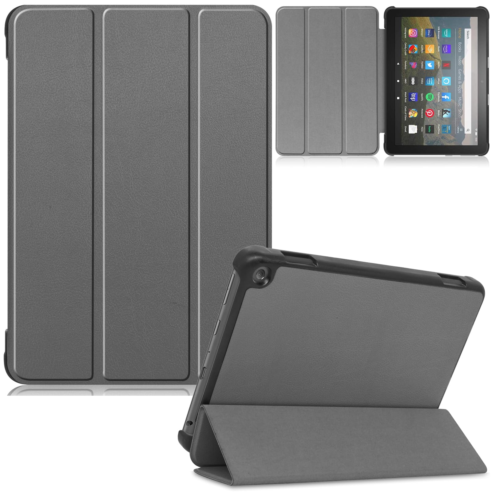 Premium Kindle Fire HD 8/HD8 Plus Case - Auto Sleep/Wake Trifold Stand Cover for 12th/10th Gen (2024/2022/2020 Models) - Perfect for Reading, Watching & Travel - Gray