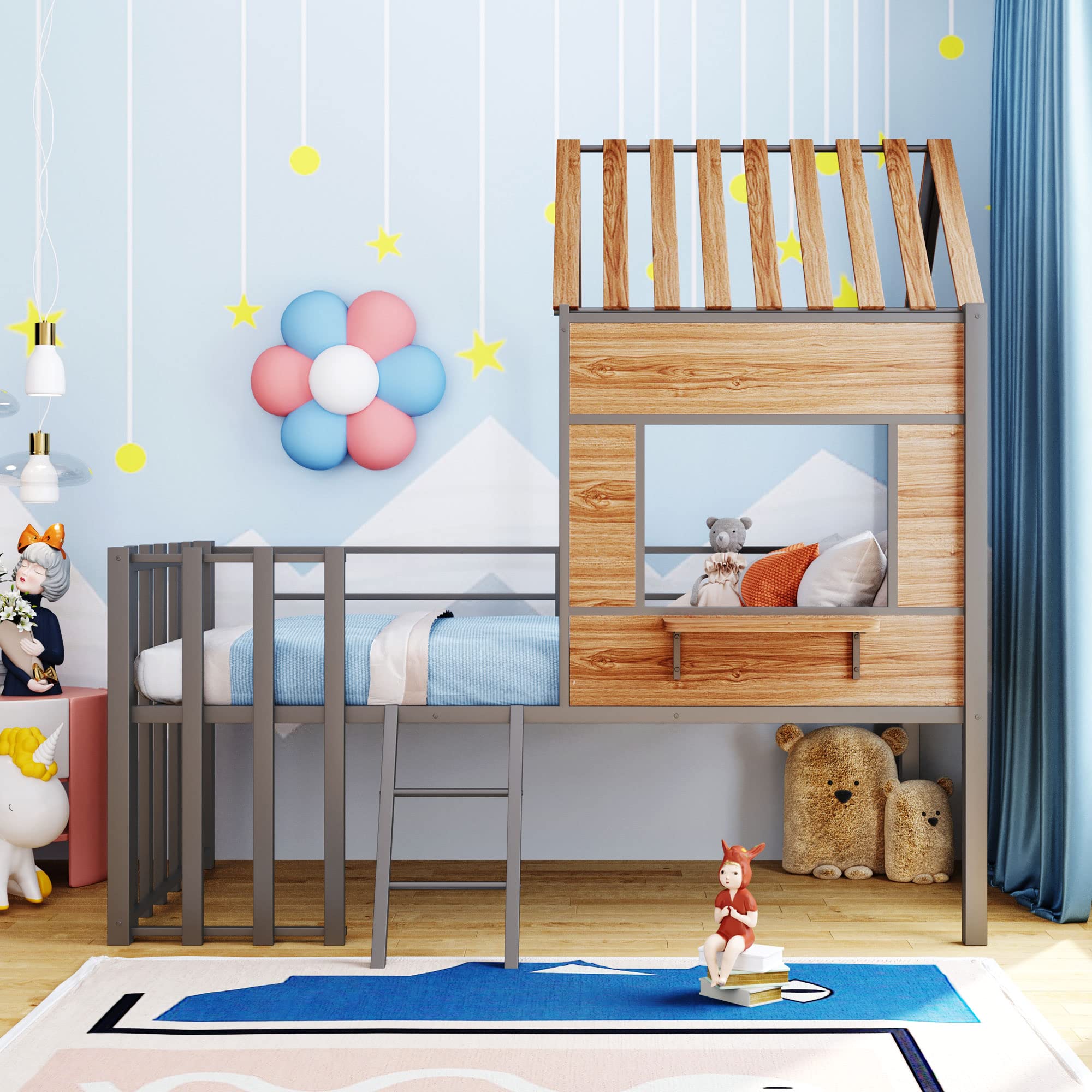 **Twin Size Kids Low Loft Bed with Roof & Window - Sturdy Metal Frame, Guardrail & Ladder - Silver | Perfect for Small Bedrooms, Playrooms & Sleepovers**