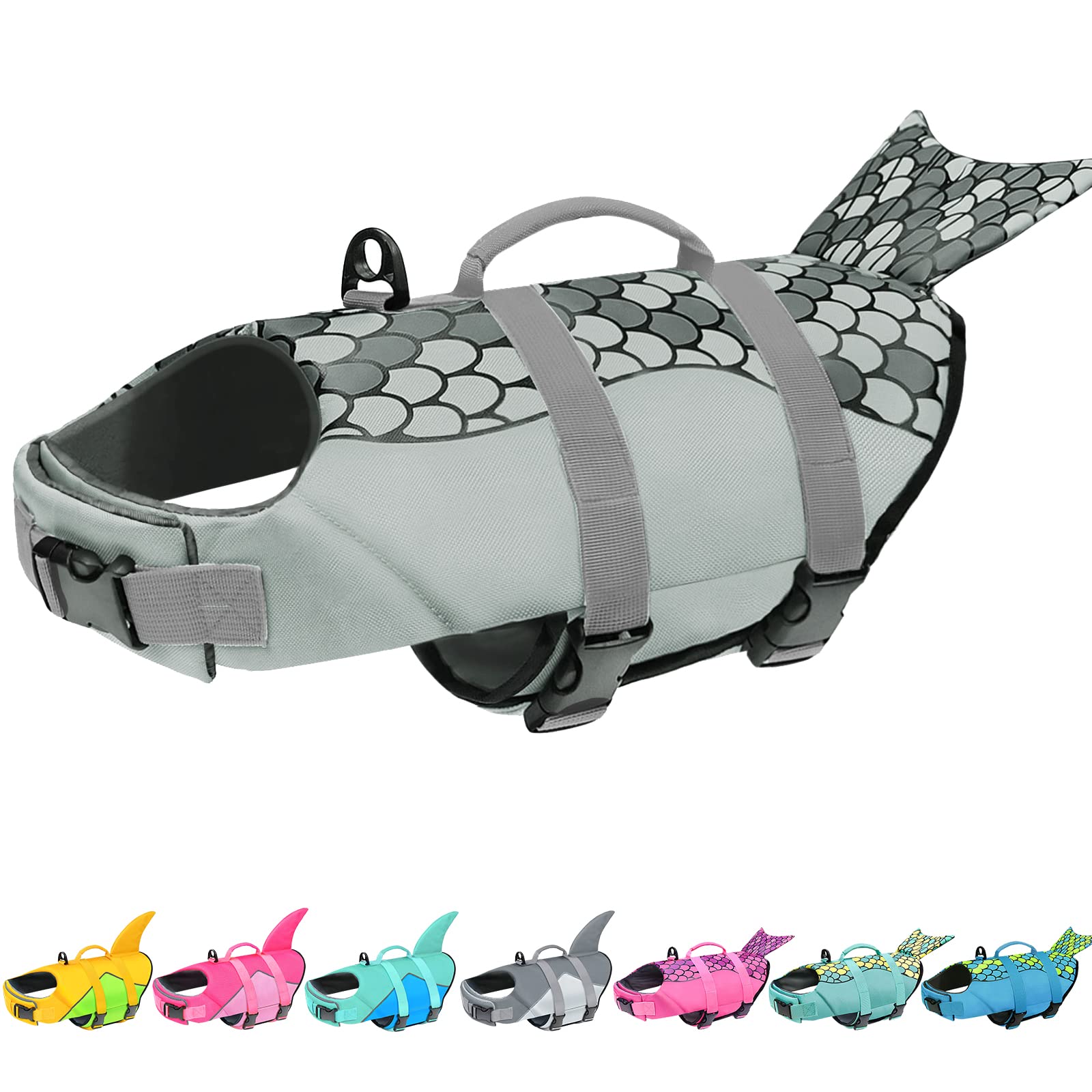 Malier Ripstop Adjustable Dog Life Jacket - High Buoyancy Shark Design with Rescue Handle for Small Medium Large Dogs | Perfect for Swimming, Boating & Water Safety