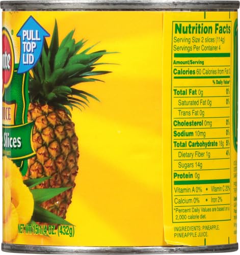 DEL MONTE Sliced Pineapple in 100% Juice, 15.25 oz Canned Fruit - Sweet & Juicy Pineapple Slices for Snacks, Desserts, Smoothies & Tropical Recipes