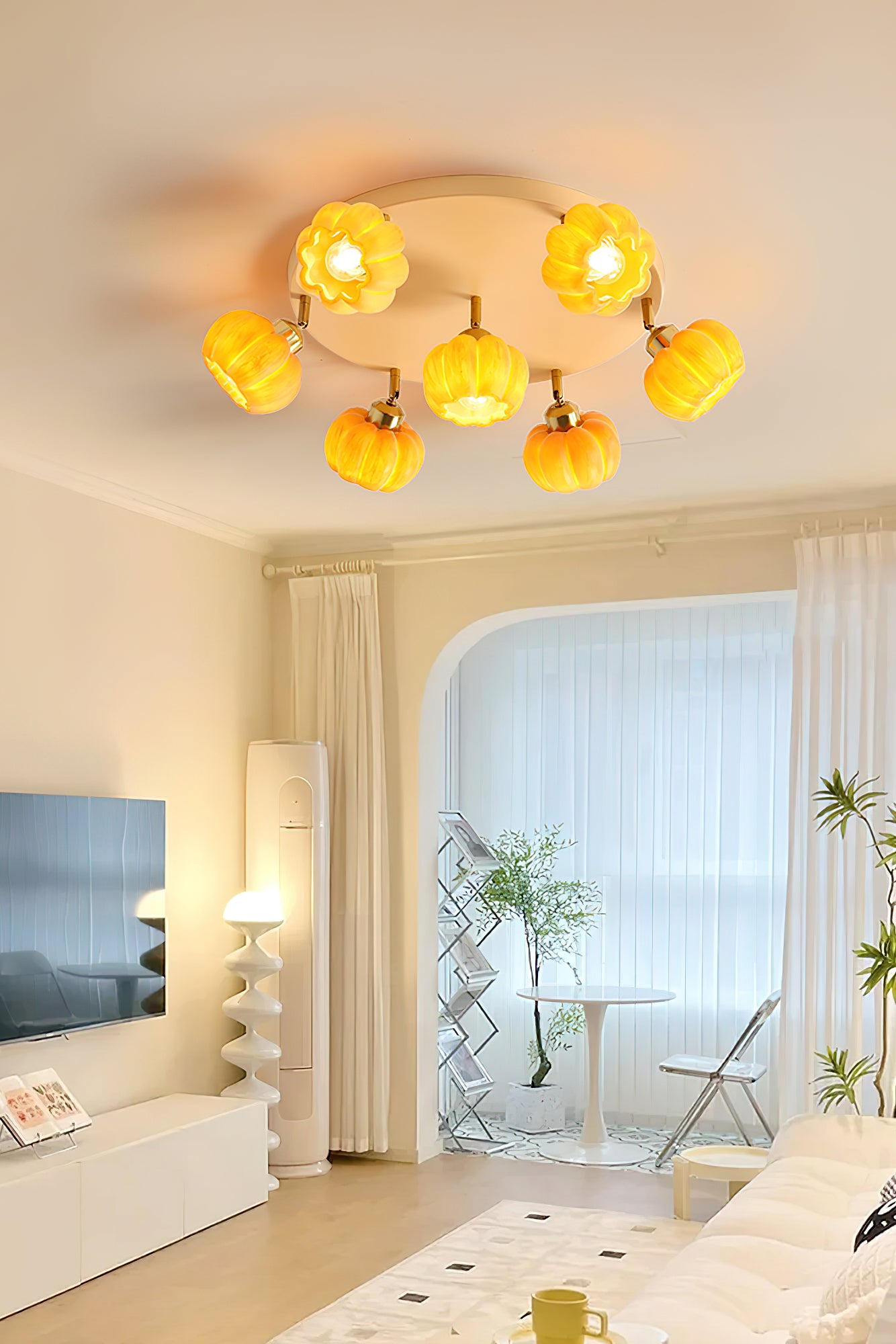 Stylish Modern Pumpkin-Shaped Ceiling Light Fixture - LED Hanging Pendant Lamp for Halloween, Fall Decor, Living Room, Bedroom, Dining Room - Warm White Light for Cozy Home Ambience
