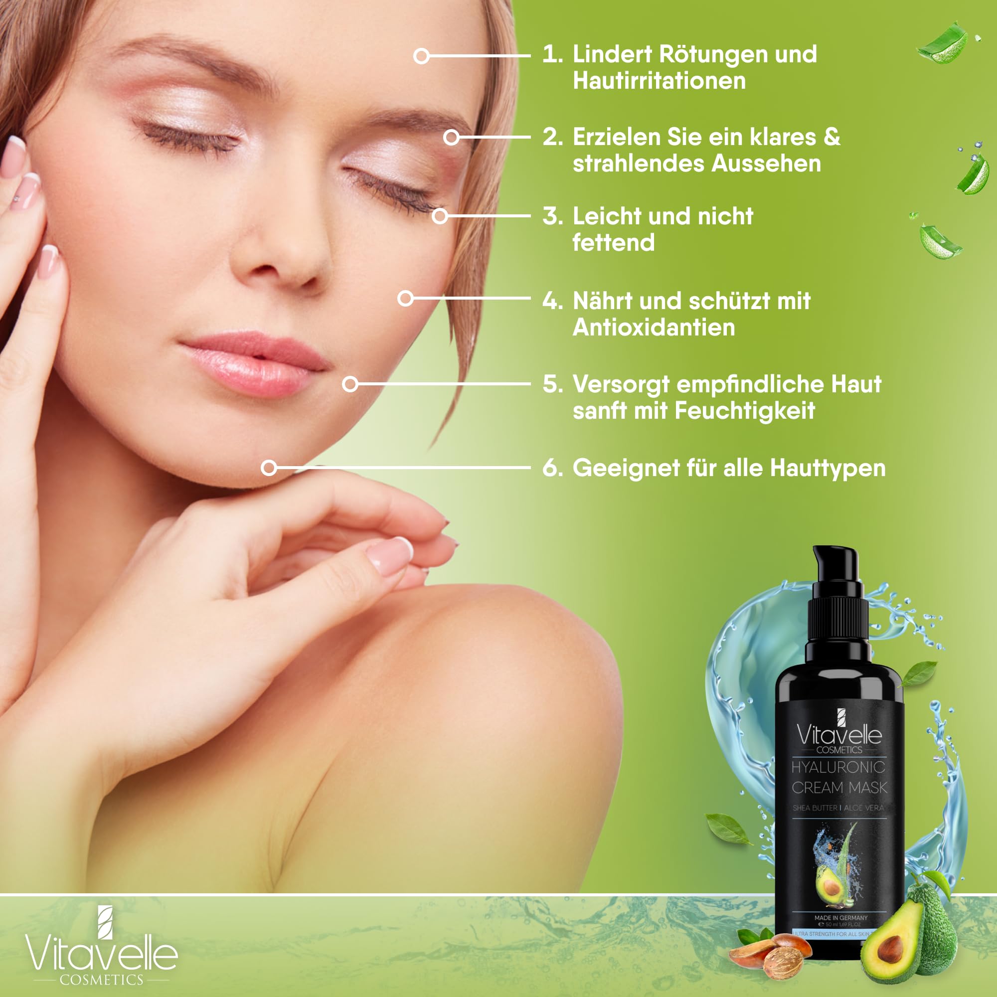 Hyaluronic Acid Hydrating Face Mask with Avocado Oil & Shea Butter - Vegan Anti-Aging Moisturizer for Dry Skin - Paraben-Free Skincare with Aloe Vera & Jojoba Oil - Perfect for Night Routine & Spa Days