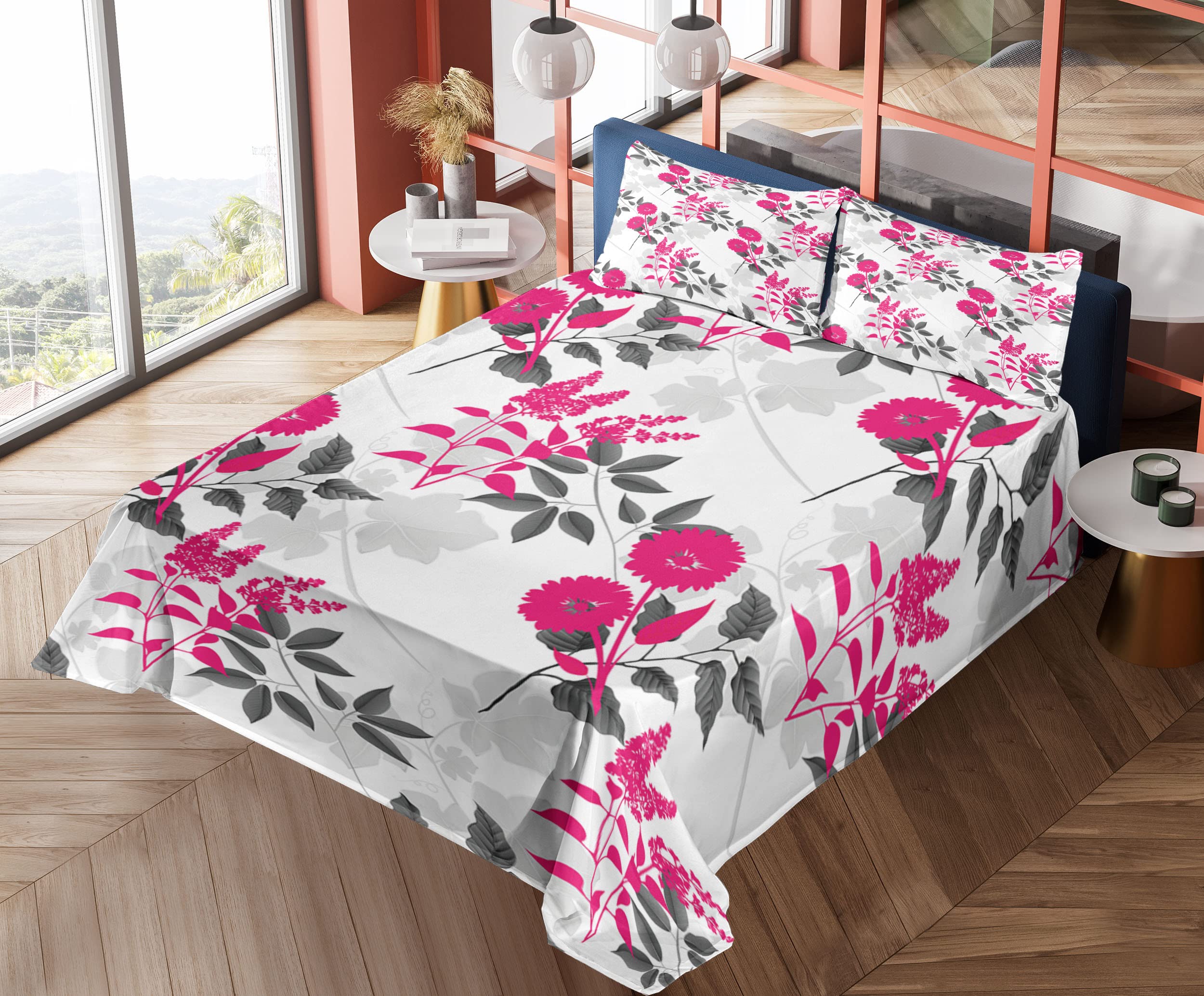 Ambesonne Floral Sheet Set - King Size 4-Piece Bedding with Abstract Flower & Leaf Pattern | Fitted Sheet, Flat Sheet & Pillowcases in Magenta, Dark Grey & White | Perfect for Master Bedroom, Guest Room & Cozy Home Decor