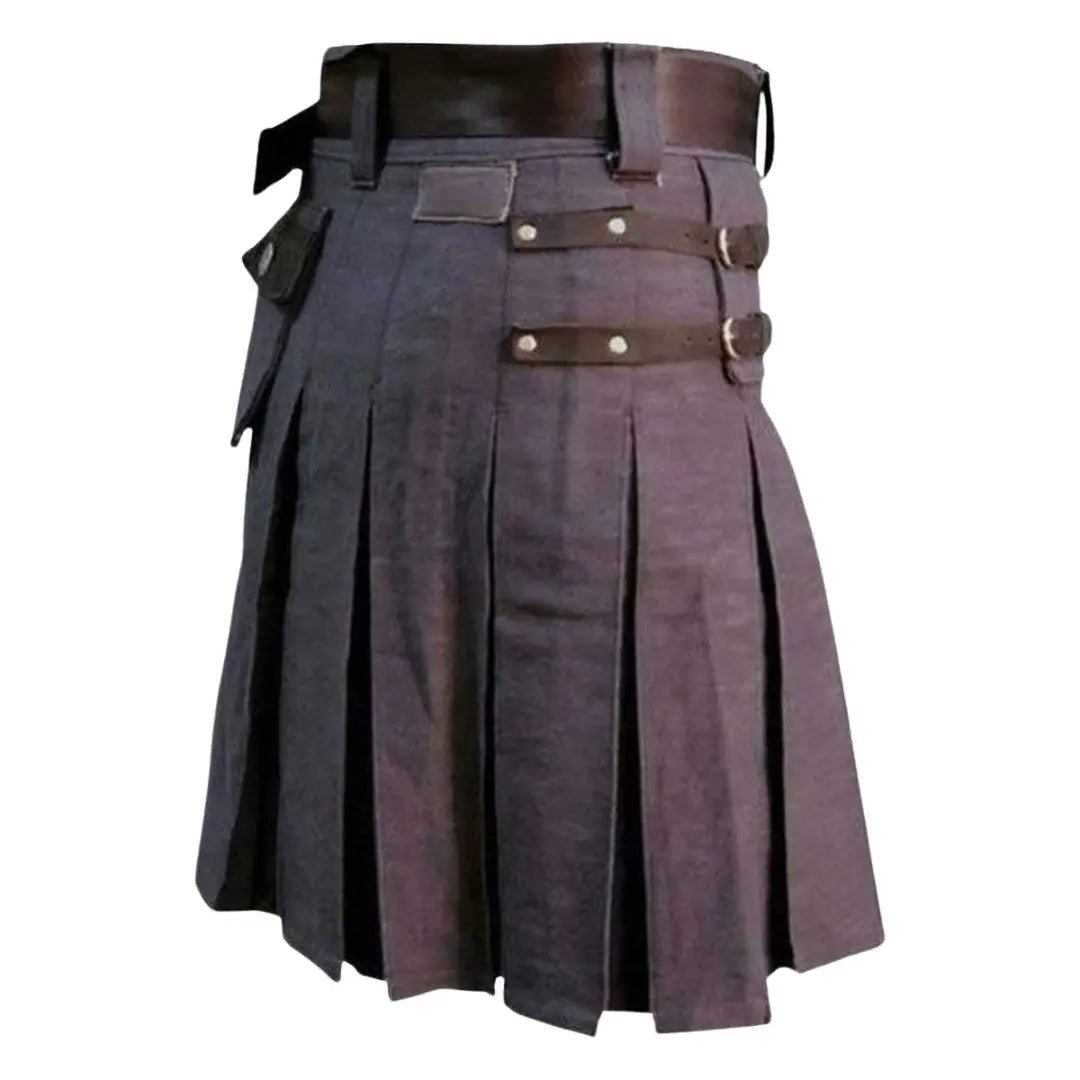 Premium Heavy Duty Denim & Leather Kilt for Men - Durable Utility Kilt with Pockets | Perfect for Renaissance Fairs, Cosplay, and Outdoor Adventures