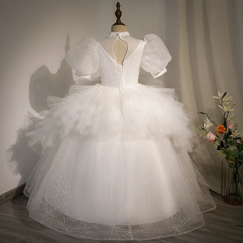 Elegant White Princess Mock Neck Floor-Length Tulle Flower Girl Dress for Weddings & Special Occasions