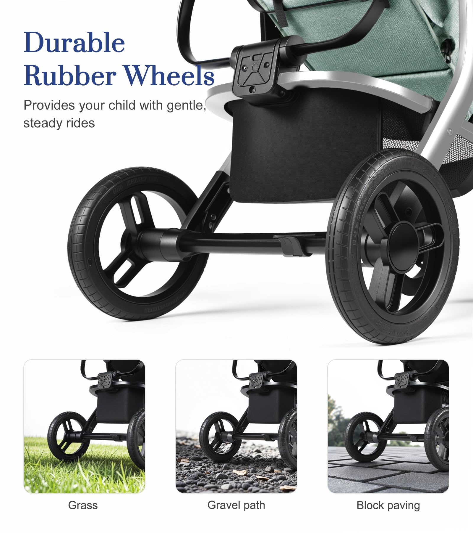 2-in-1 Convertible Baby Stroller with Aluminum Frame & Linen Fabric - Bassinet & Toddler Stroller with Rubber Wheels, Foldable Infant Stroller with Reversible Seat, Adjustable Backrest & Canopy - for Newborn to 3 Years (0-36 Months) - Green | Perfect for Park Walks, Shopping & Travel