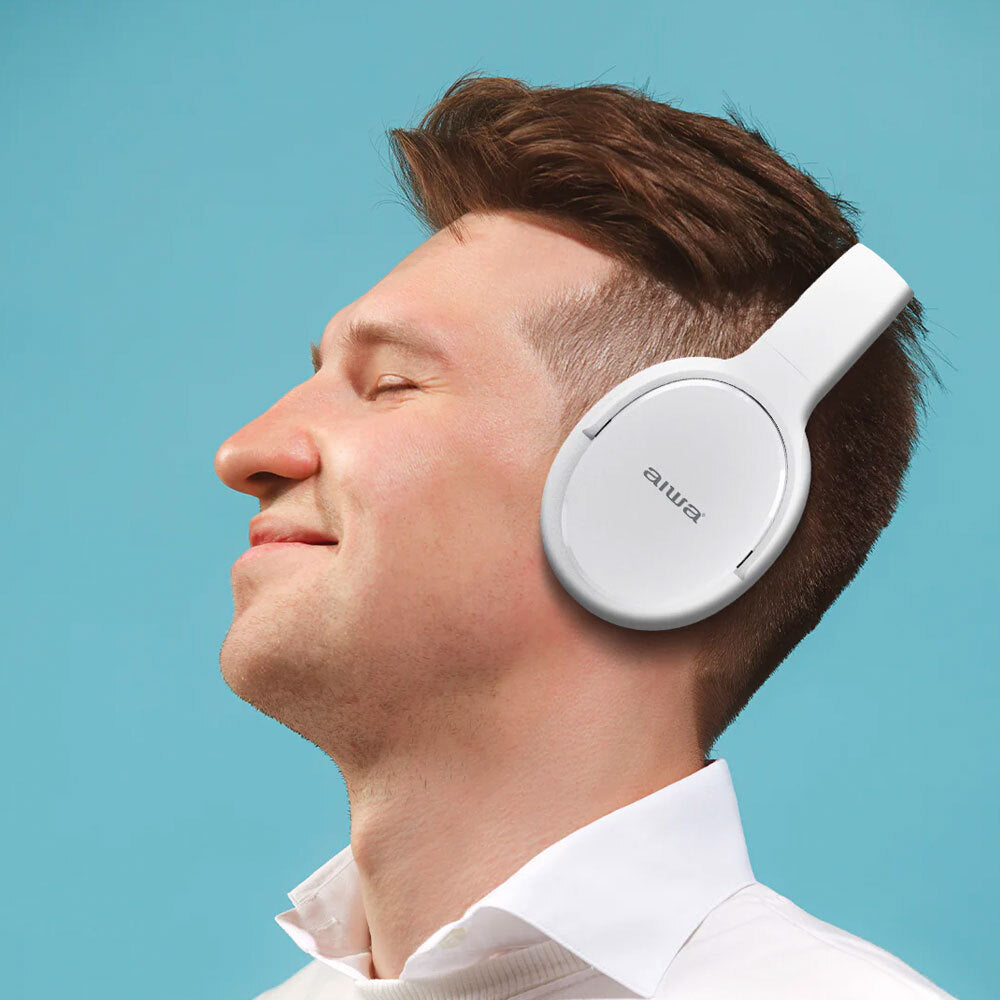 AIWA Wireless Bluetooth Over-Ear Headphones with AUX Cable & Airplane Adapter - Noise Cancelling, Hi-Fi Sound, 30H Playtime (White) | Perfect for Travel, Workouts & Home Entertainment