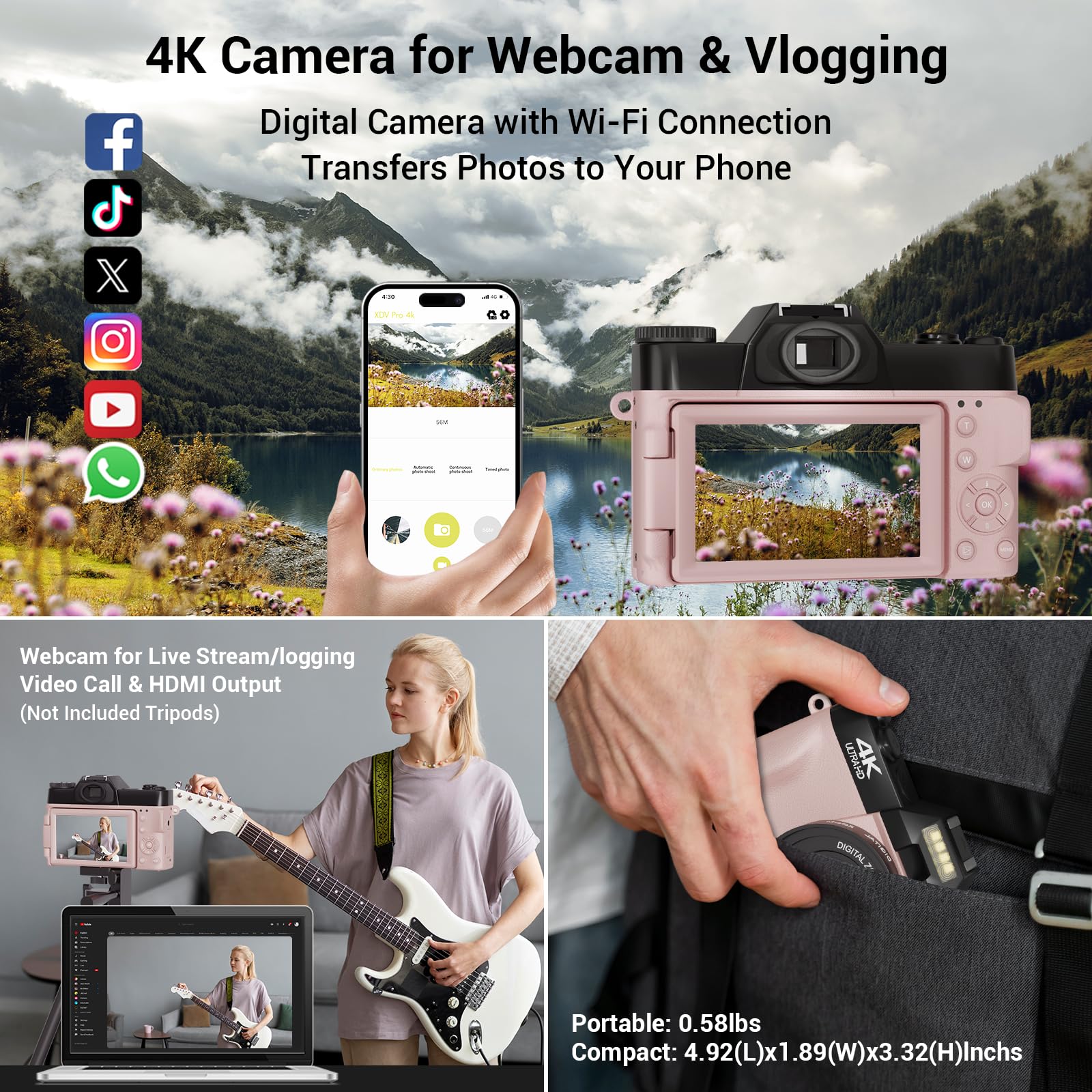 4K 56MP Digital Camera for Photography & Vlogging - WiFi YouTube Camera with 3