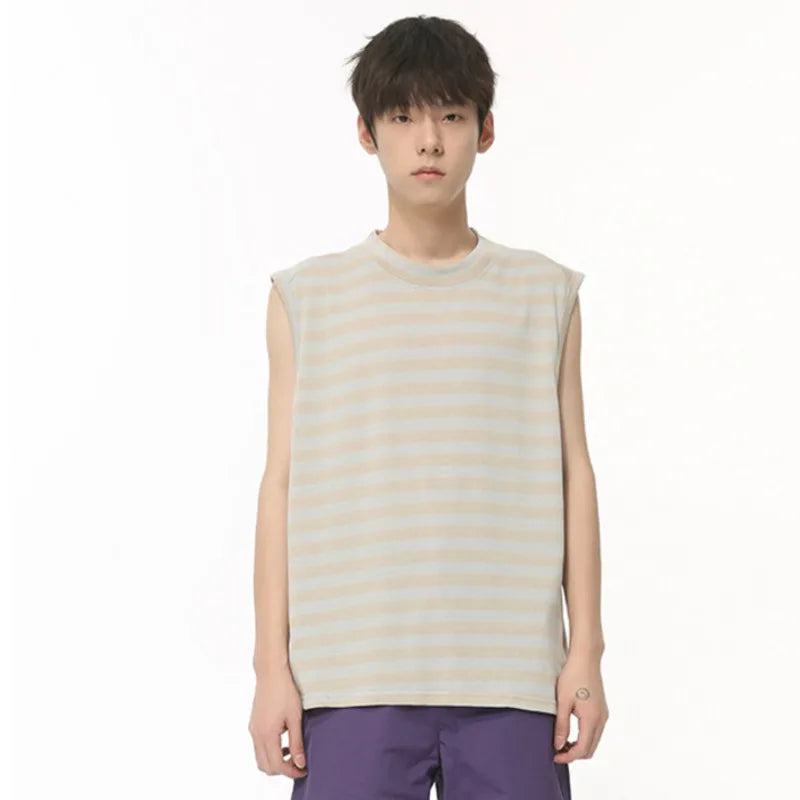 American Style Men's Tank Tops - Loose Fit Striped Sleeveless Shirts for Men | Breathable O-Neck Casual Top with Contrast Color (9C6377) | Perfect for Summer, Gym, Beach & Outdoor Activities