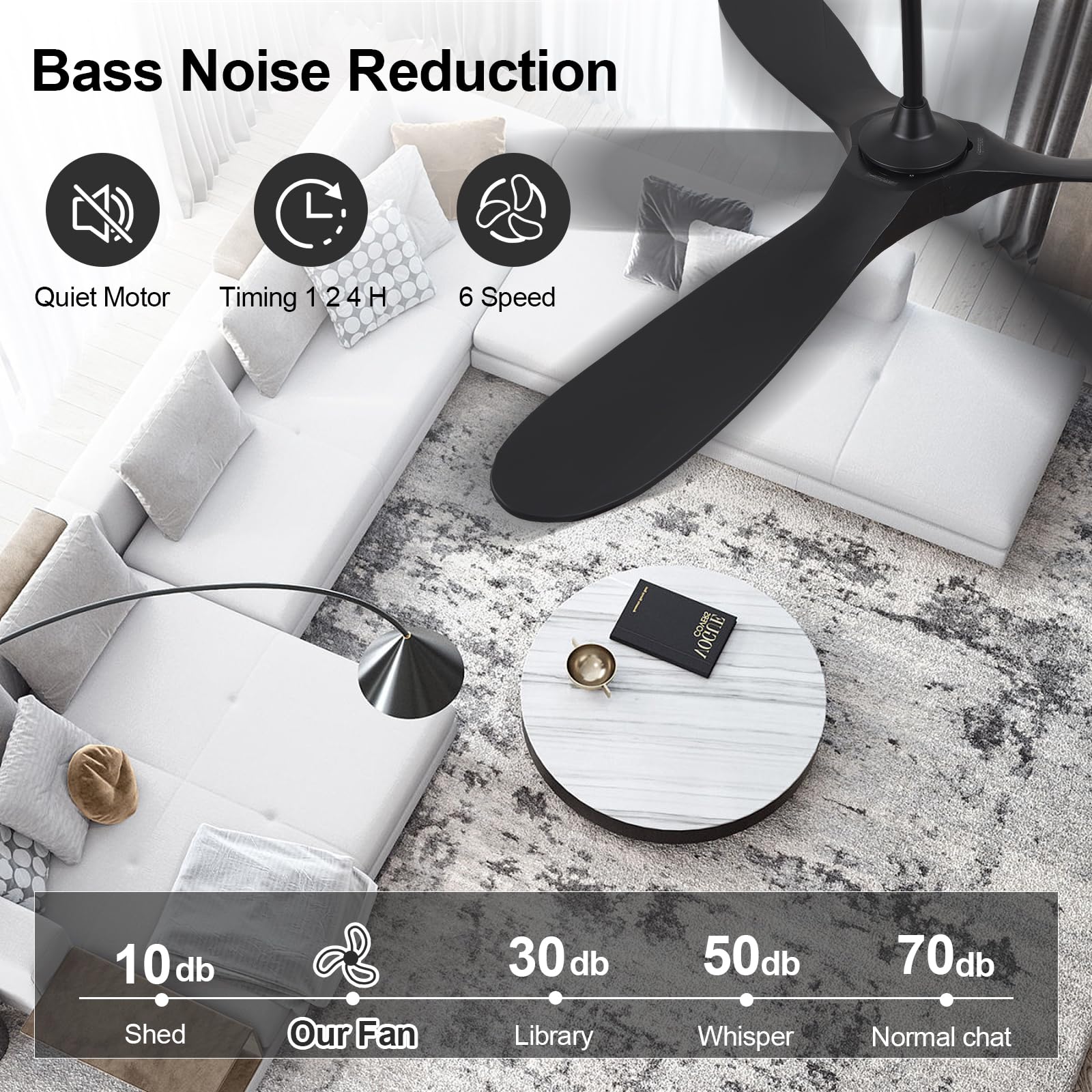 60 Inch Black Ceiling Fan Without Lights - 3 Blade Solid Wood Indoor/Outdoor Fan with Remote Control for Patio, Living Room & Bedroom | Quiet Cooling for Home, Office & Commercial Spaces