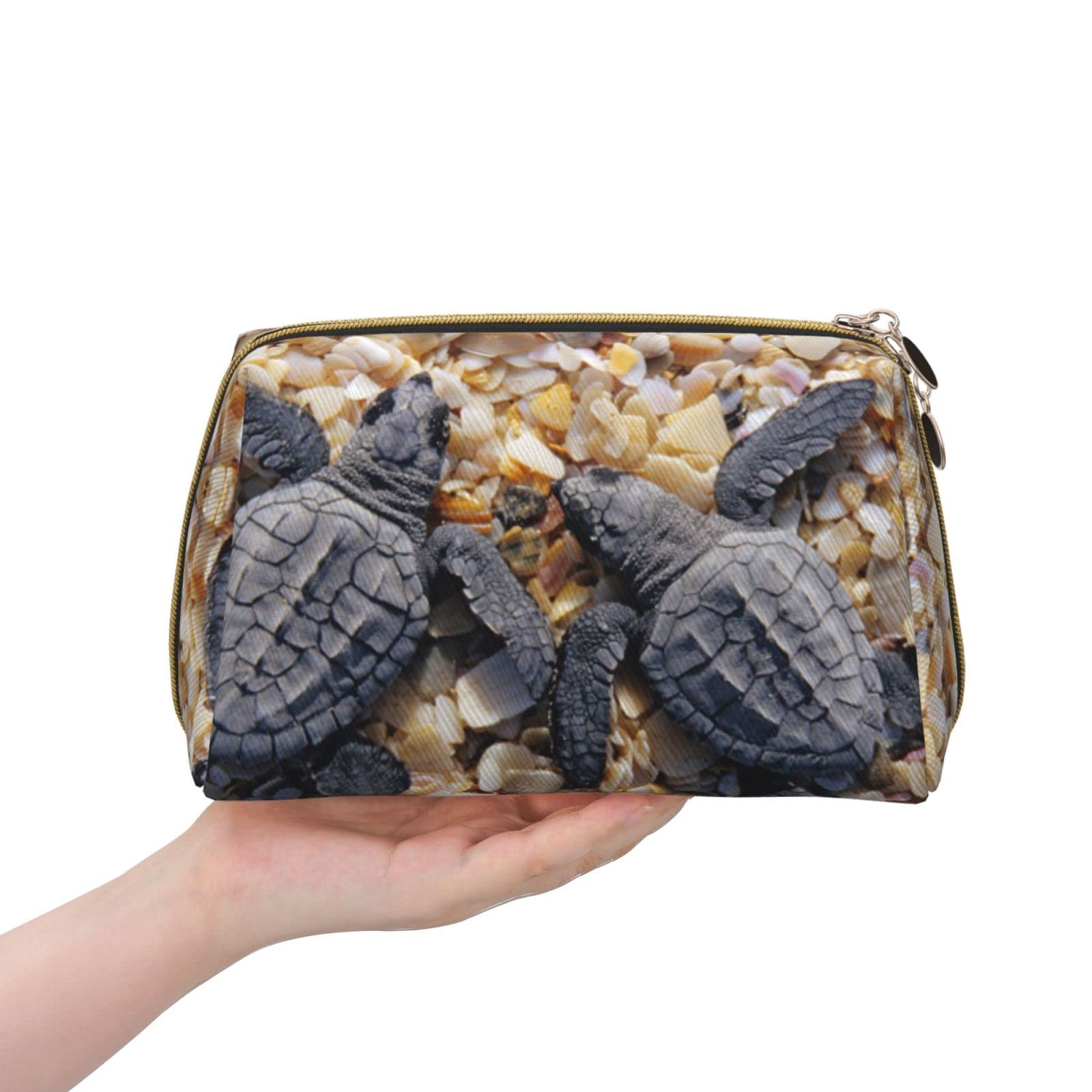 Waterproof Leather Makeup Bag for Women - Large Capacity Travel Cosmetic Organizer with Cute Baby Sea Turtle Beach Design | Perfect for Travel, Gym & Daily Use