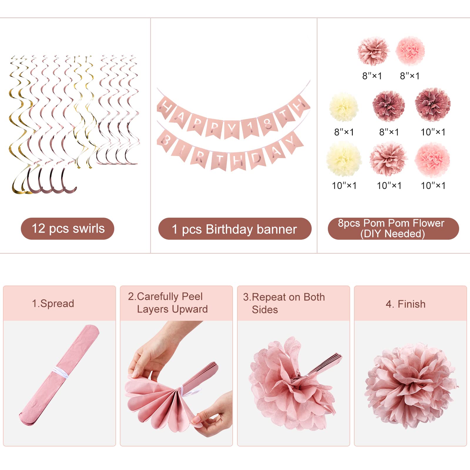 Rose Gold 18th Birthday Party Decorations Kit - Glittery Happy Birthday Banner, Pom Poms & Sparkling Hanging Swirls for Sweet 16, 18th, 21st Birthday Celebrations | Perfect for Balloons, Cake Tables & Photo Backdrops