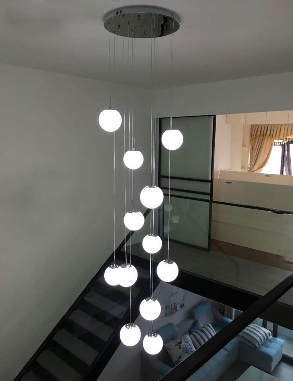 12 Glass Balls Modern LED Pendant Light - 50x250cm Large Crystal Chandelier for Staircase, Villa & Duplex - Elegant Lighting for Living Room, Dining Hall & Entryway