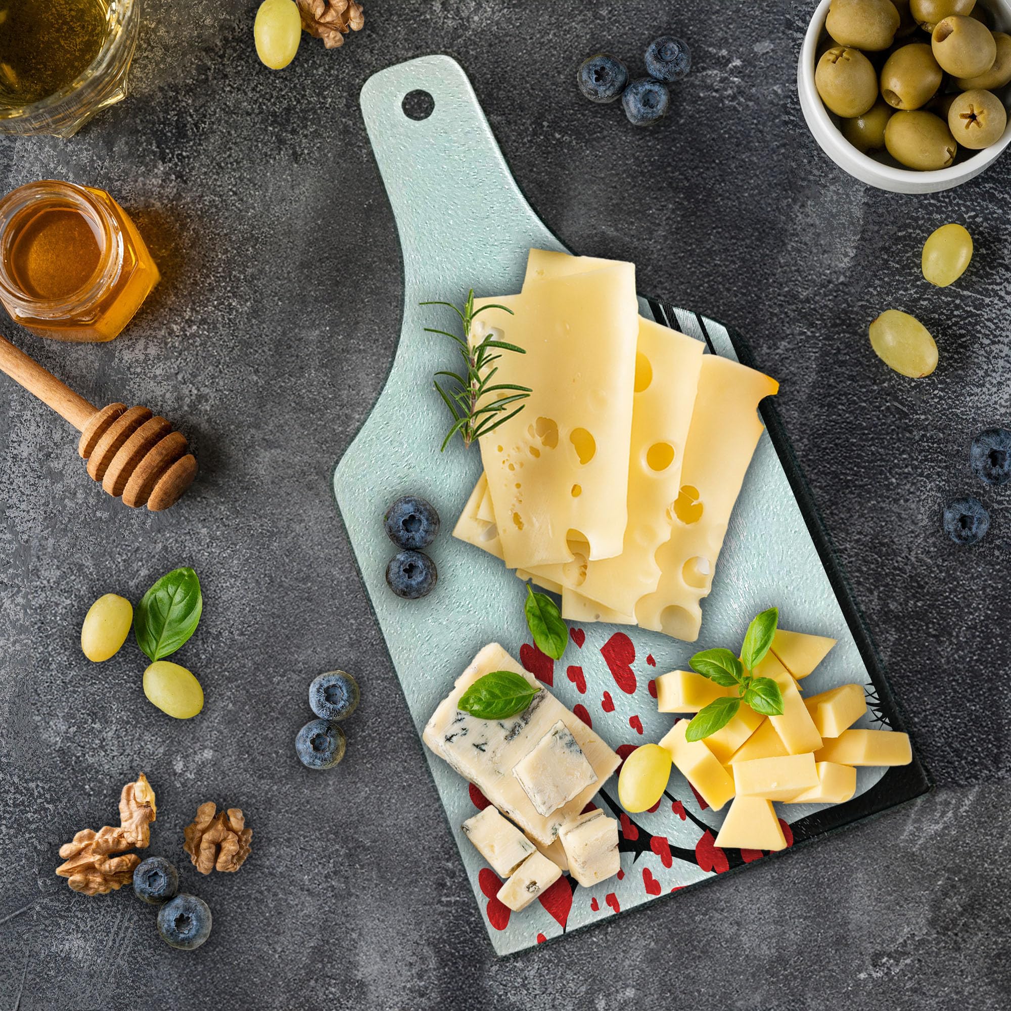 Ambesonne Romantic Tree Cutting Board - Heart-Shaped Leaves & Bench Design - Tempered Glass Serving Board for Wine & Cheese - Valentine's Day Gift & Kitchen Decor (Red & Black)