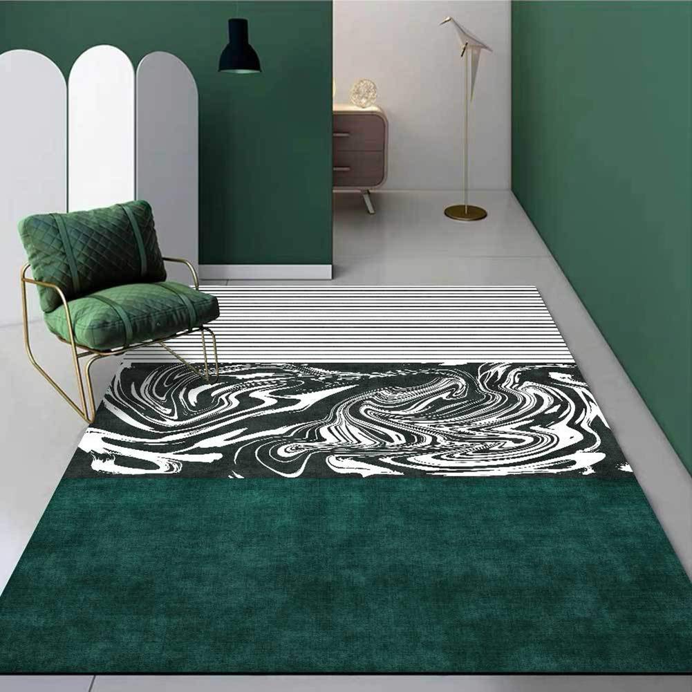 Abstract Dark Green Geometric White Line Stitching Rug - 4'x5'3