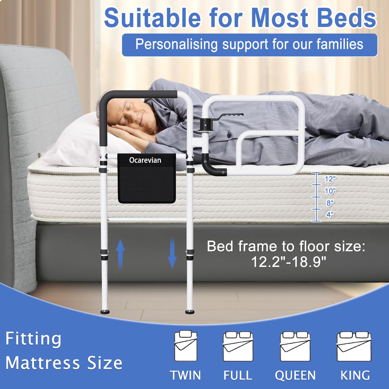 Elderly Bed Safety Rails for Adults & Seniors - Adjustable Bed Guard Rails with Storage Pouch for King, Queen, Full & Twin Size Beds - Perfect for Fall Prevention & Assisted Sleeping