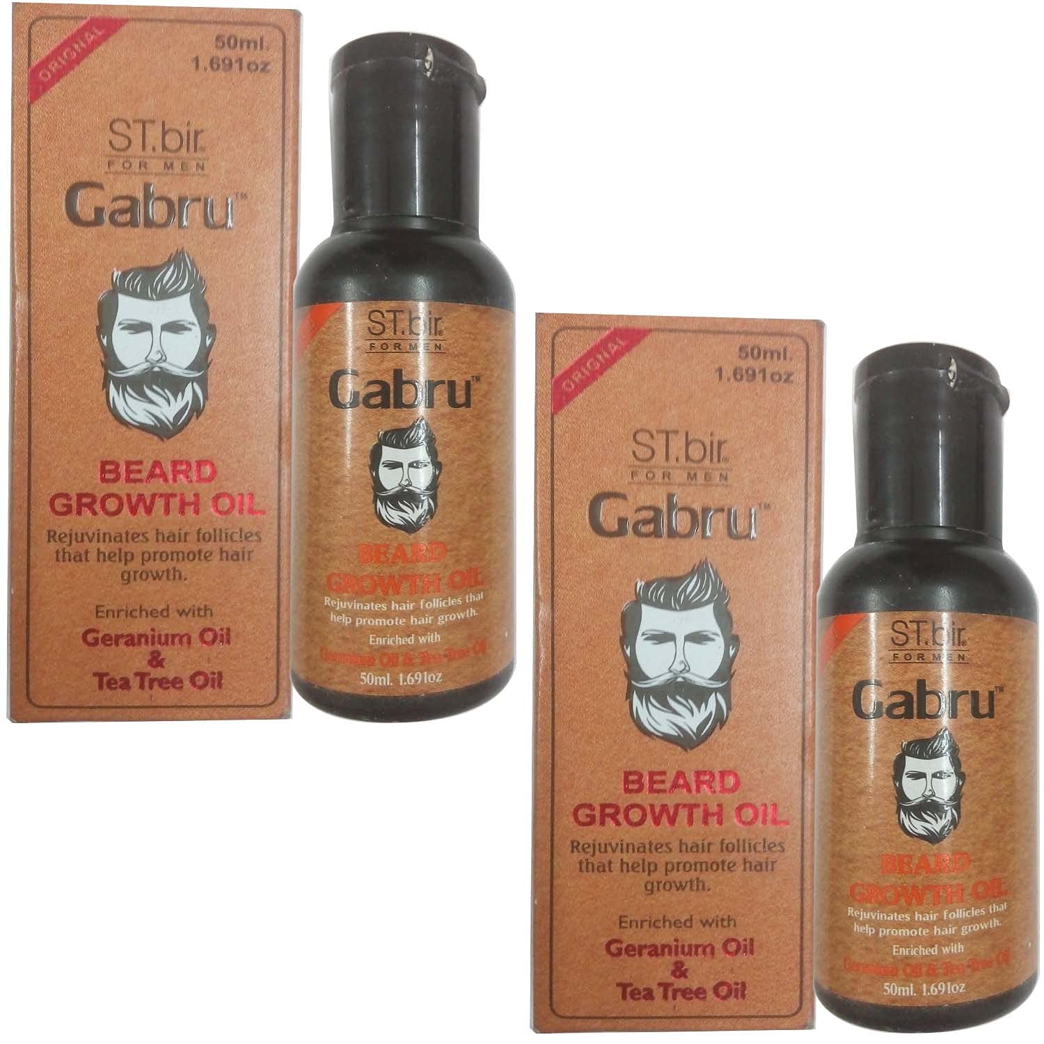 ST.bir Gabru Geranium Oil & Tea Tree Oil Beard Growth Oil (50ml, 2 Pack) - Natural Beard Care for Men, Promotes Thicker & Fuller Facial Hair Growth - Perfect for Daily Grooming & Styling Routine