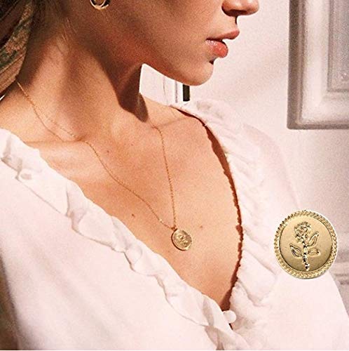 Gold Alloy Rose Flower Lava Rock Pendant Necklace for Women - Elegant Round Disc Coin Jewelry with Natural Stone - Perfect for Date Night, Wedding & Everyday Wear