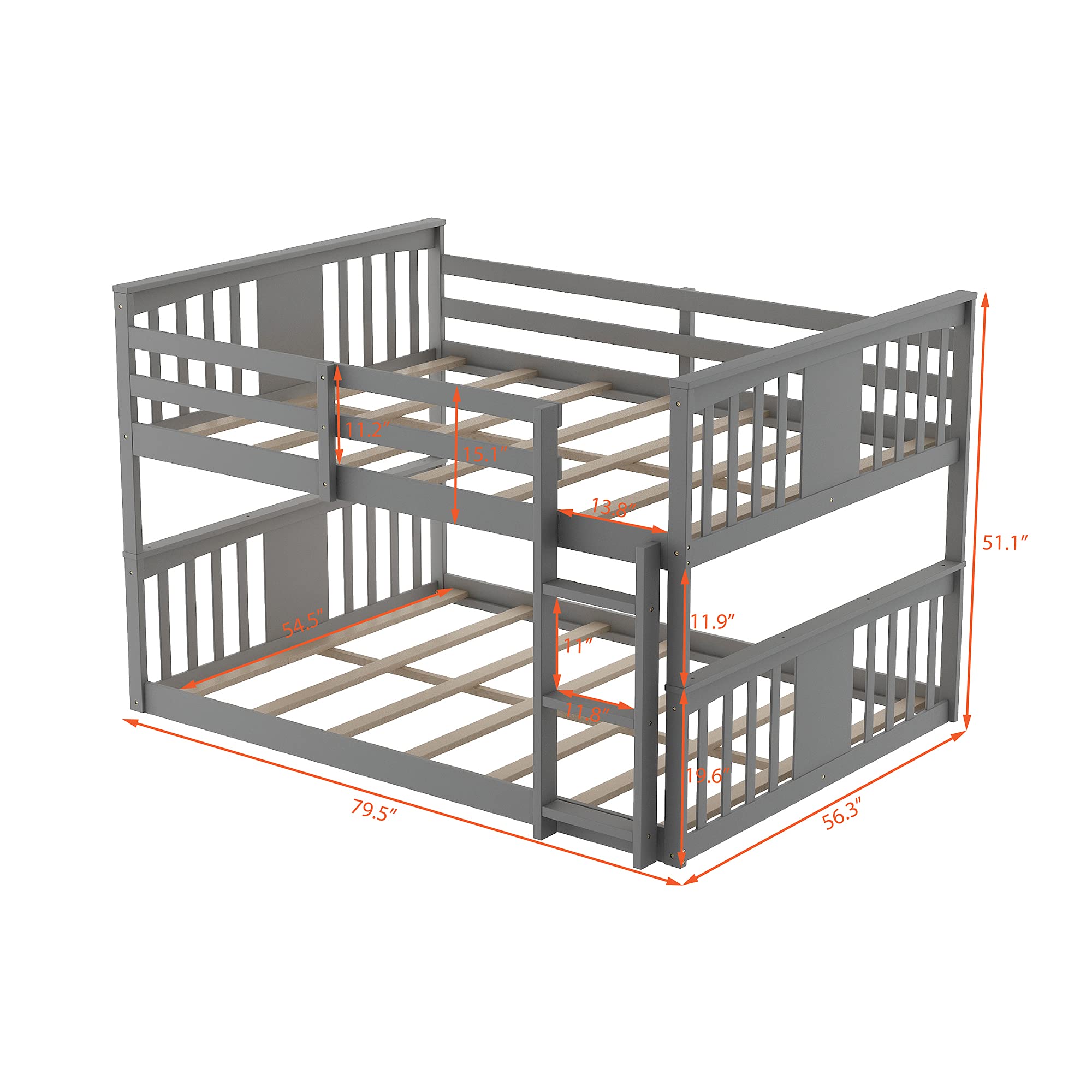 Full Over Full Wooden Bunk Bed for Kids & Toddlers with Built-in Ladder & Safety Guard Rails - Gray Twin Bunk Bed Frame for Boys Girls Bedroom, Dormitory, or Small Space Saving Kids Room Furniture