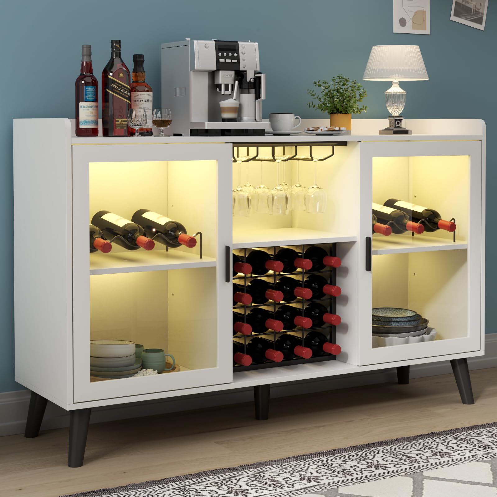 Modern Wine Bar Cabinet with LED Lights - Freestanding Kitchen Sideboard Buffet with Wine Rack, Glass Holder & Storage Shelves - White Glass Door Liquor Cabinet for Home, Dining Room & Entertaining Spaces