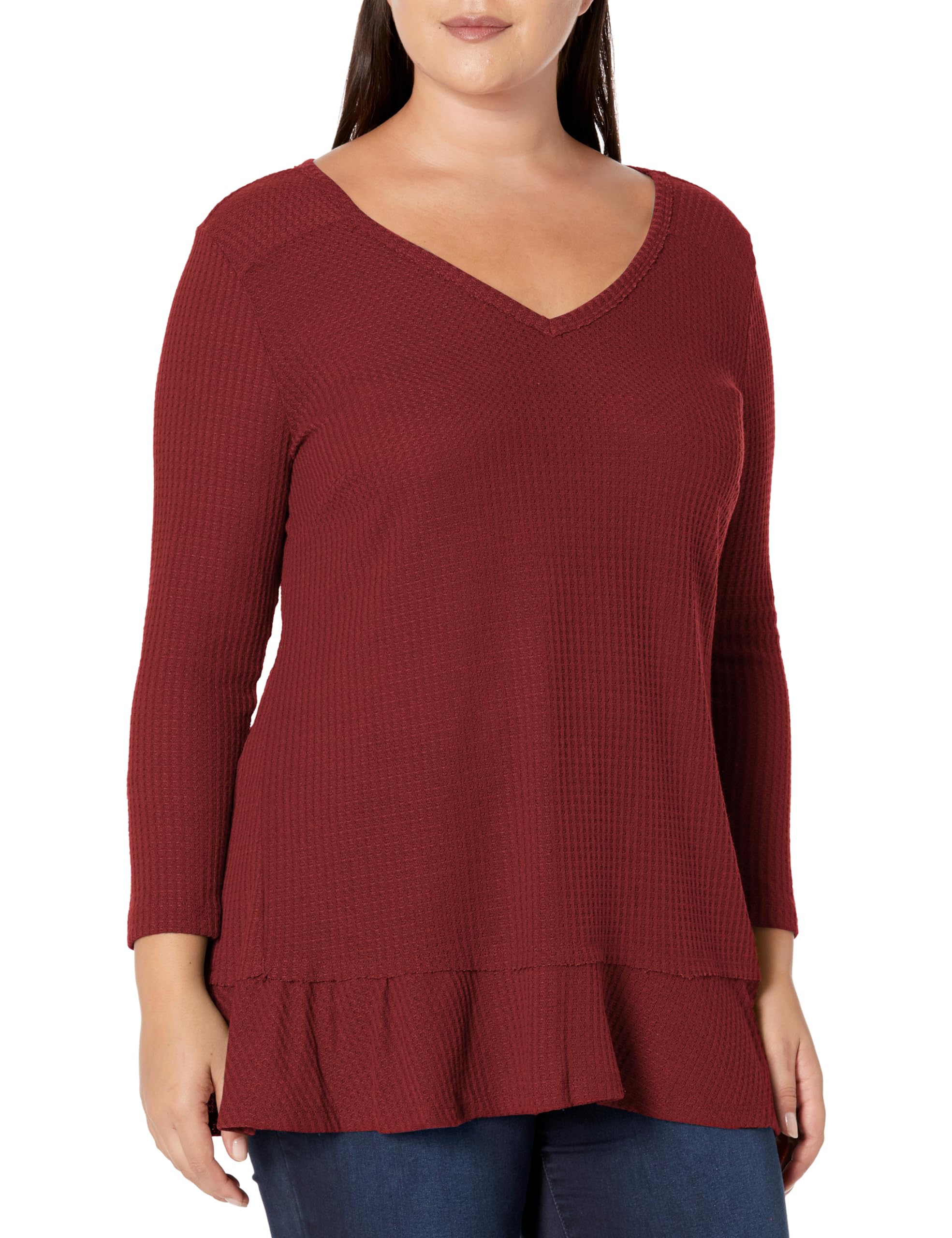 EVANS Women's Plus Size Tunic Top with Waffle Texture and Ruffle Details - Casual Long Blouse for Work, Office & Everyday Wear
