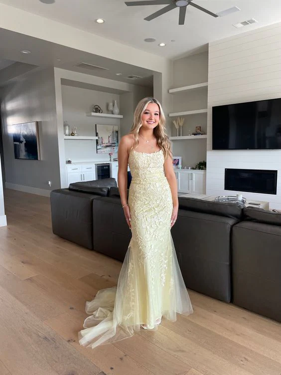 Elegant Yellow Backless Lace Prom Dress for Women - Formal Evening Gown J4496 for Homecoming, Wedding, Party & Special Occasions