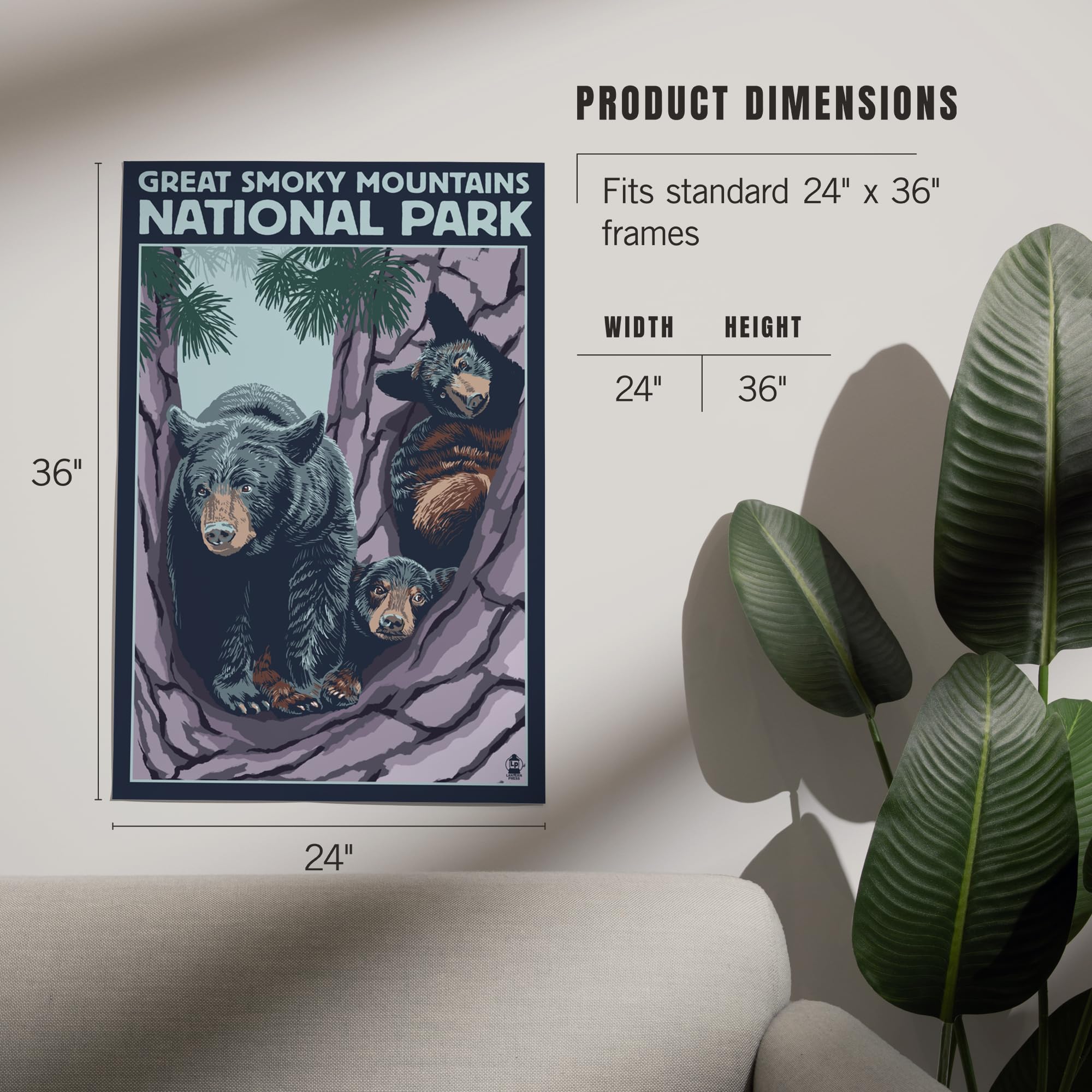 Lantern Press 24x36 Inch Giclee Art Print - Great Smoky Mountains National Park Tennessee Black Bear and Cubs in Tree - Premium Wall Decor for Living Room, Bedroom & Office
