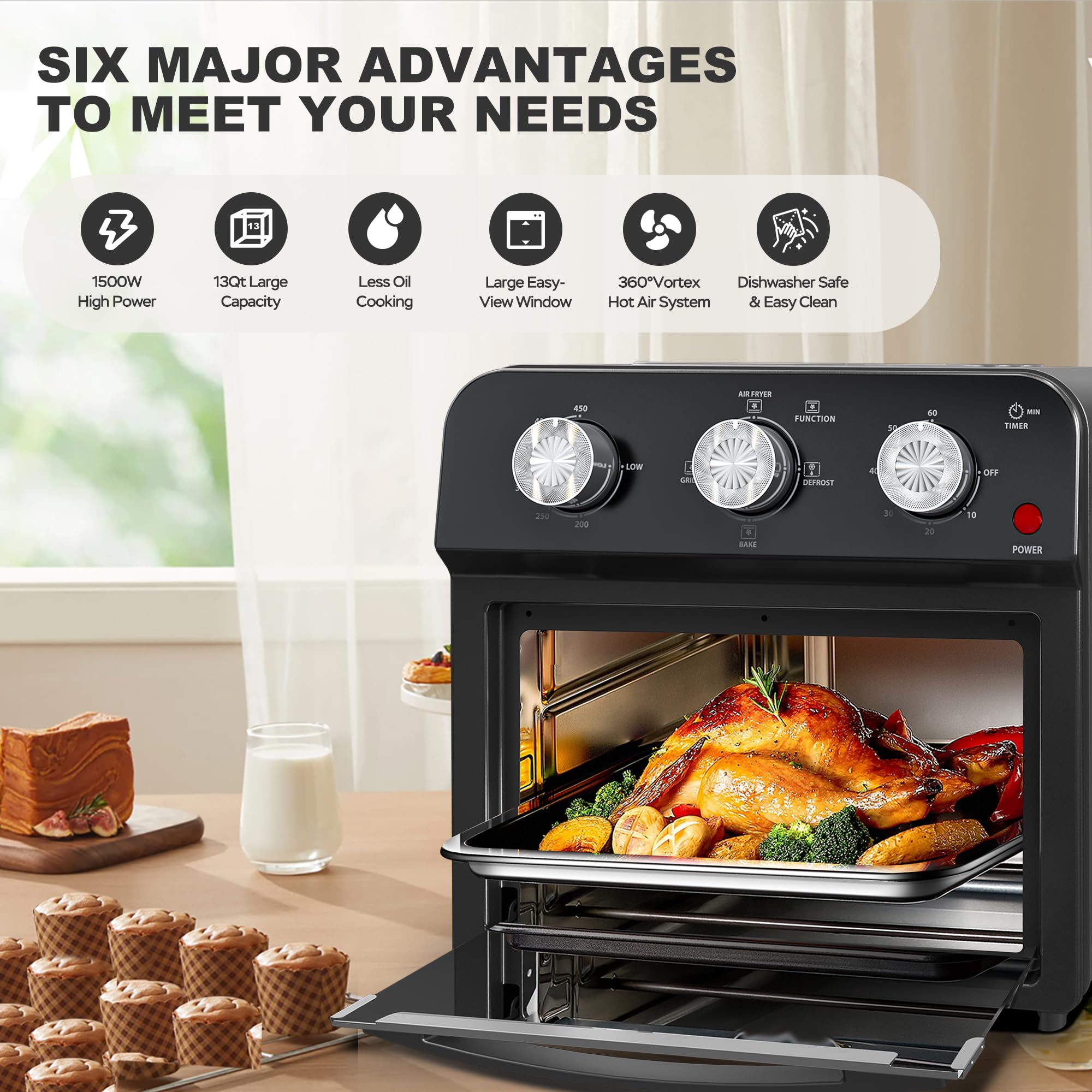 PlumChef 13 Quart 4-Slice Air Fryer Toaster Oven - 1500W 7-in-1 Multifunction Countertop Appliance for Roasting, Baking, Grilling, Broiling, Toasting, Dehydrating & Defrosting (Dark Black) - Perfect for Small Kitchens, Dorms & Quick Healthy Meals