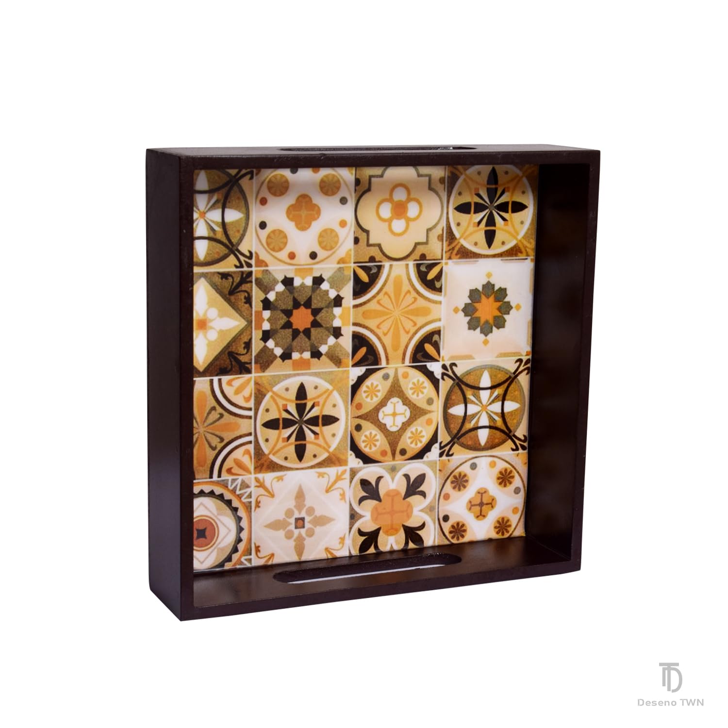 Deseno TWN 8x8 Inch Wooden Square Serving Tray - Kitchen Organizer, Dining Table Decor, Dry Fruit & Snack Tray with Meena Work Design - Perfect for Parties, Tea Time, and Home Decor
