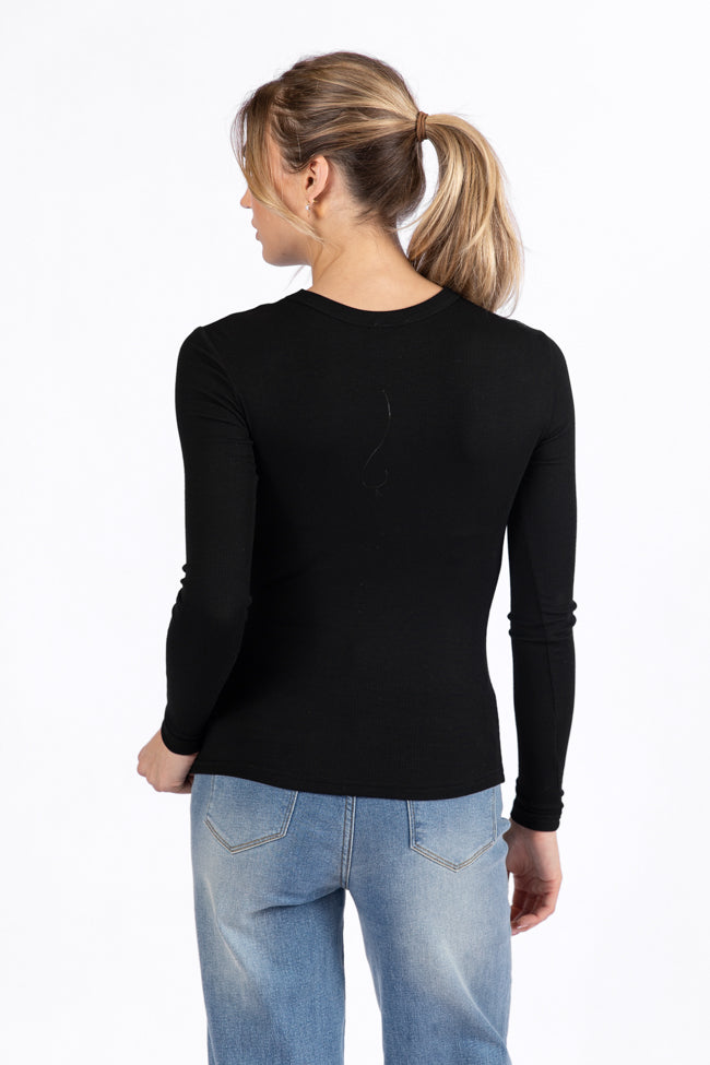 Black Ribbed Long Sleeve Tee for Women - Soft Stretch Cotton Blend Top - Casual & Layering Essential - Perfect for Fall, Winter & Everyday Wear