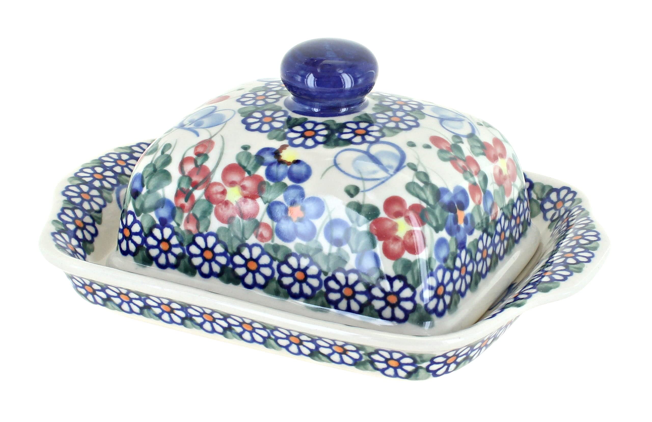 Blue Rose Polish Pottery Garden Butterfly Square Butter Dish - Handcrafted Ceramic Butter Keeper with Lid for Kitchen, Dining Table, and Outdoor Picnics