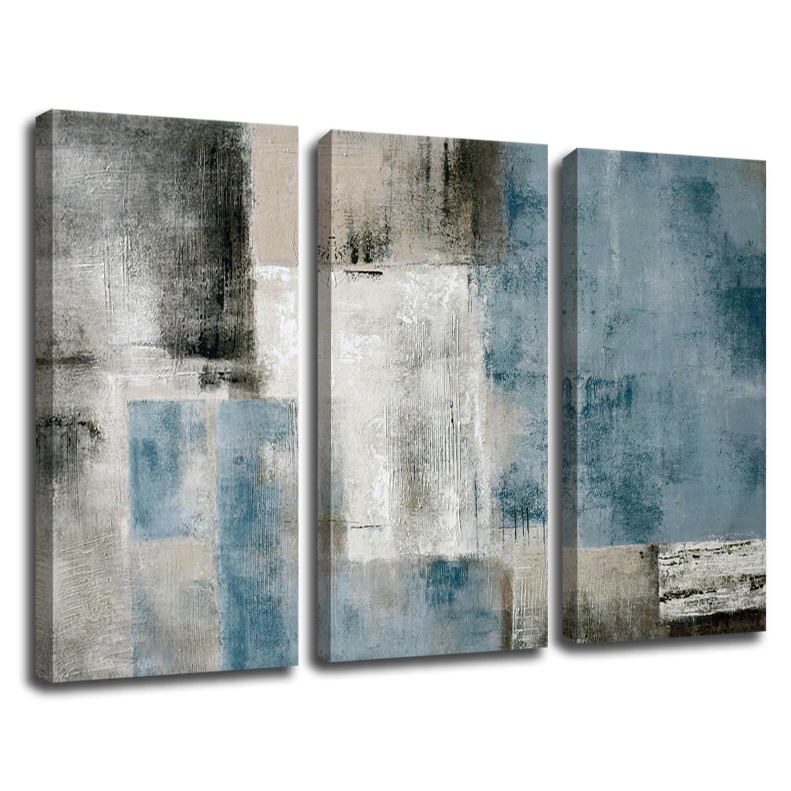 SDYA Black and White Navy Blue Wall Art - Hand Painted Large Canvas Painting 24x48 Inches (Set of 3) - Modern Home Decor for Living Room, Bedroom & Office