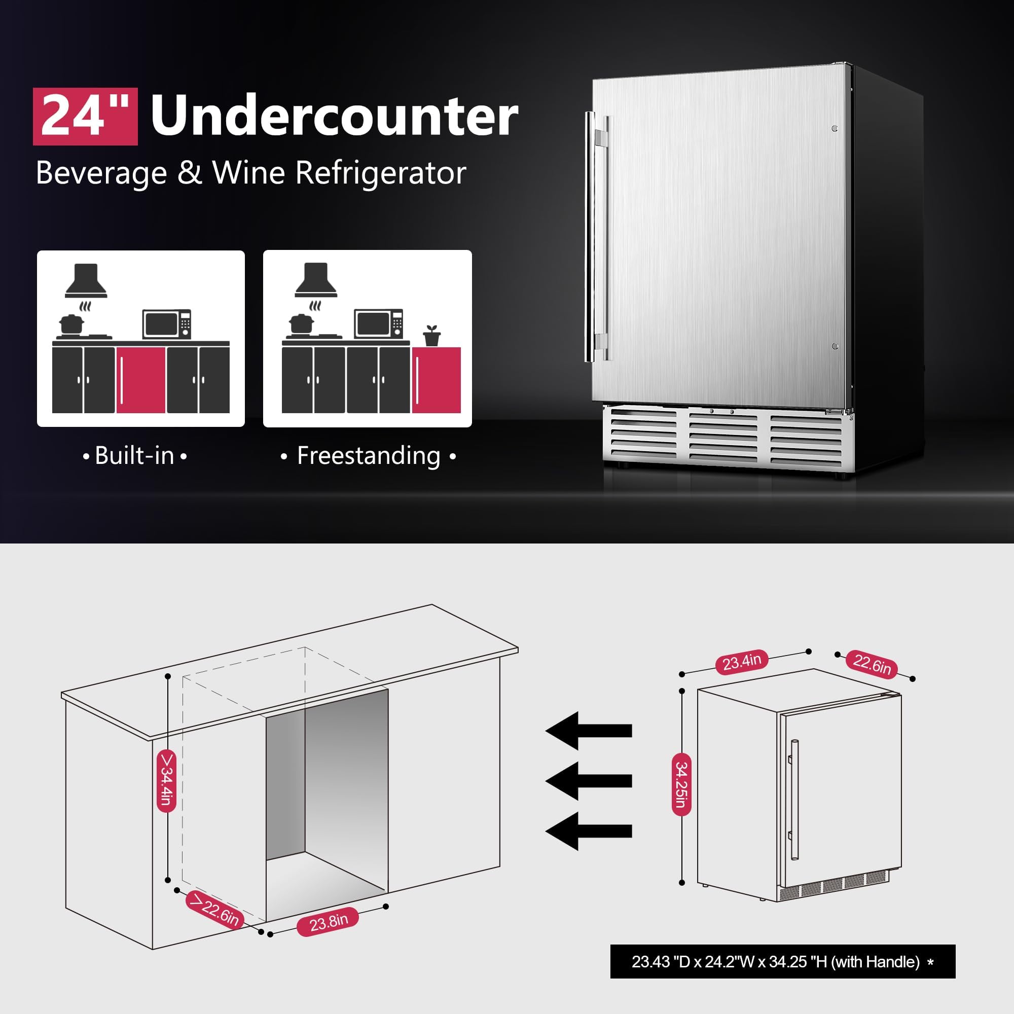 24 Inch Undercounter Beverage Refrigerator - 180 Can Capacity Stainless Steel Mini Fridge for Soda, Beer & Wine - Perfect for Home, Kitchen, Patio & Outdoor Entertaining