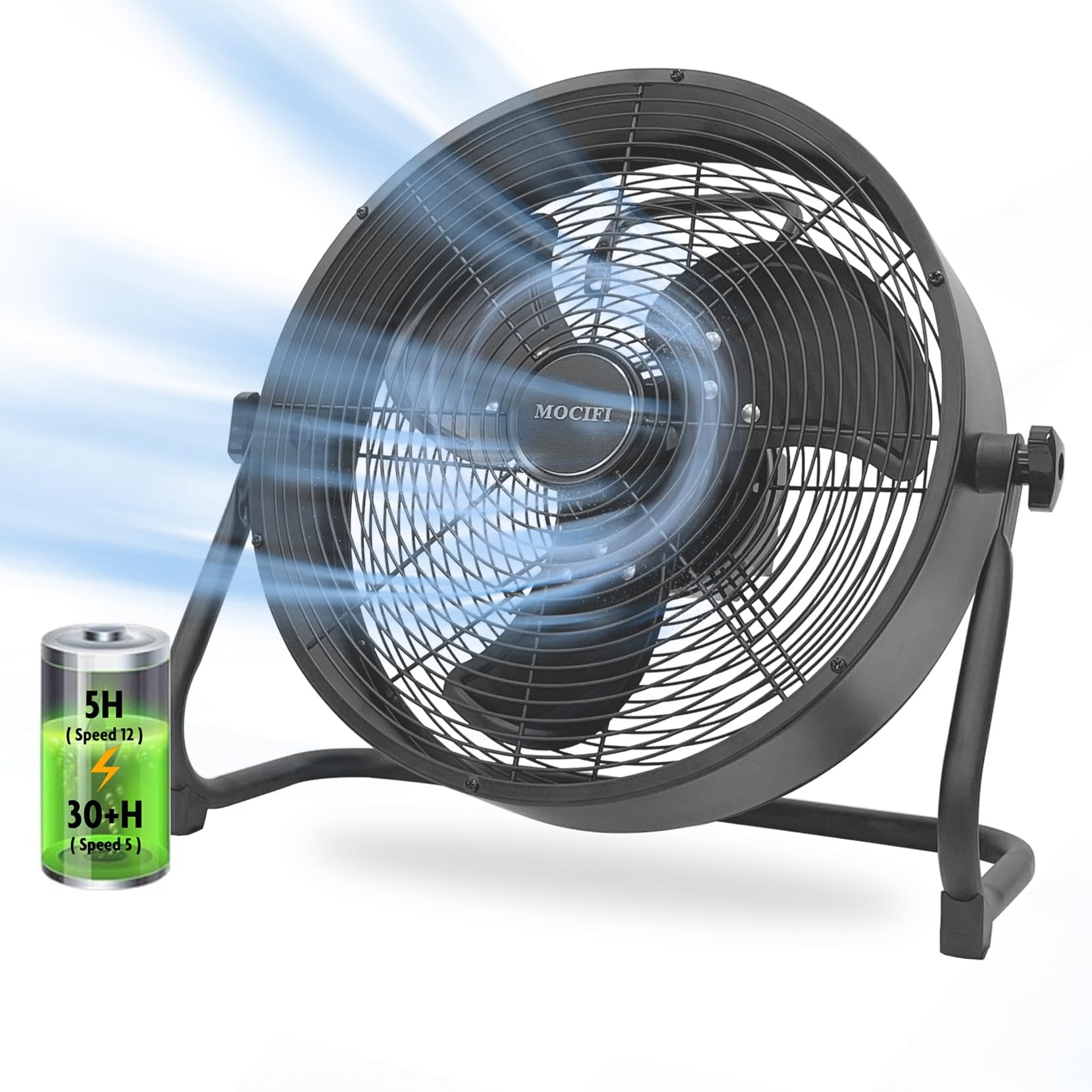 12-Speed Rechargeable Battery Operated Floor Fan - High Velocity Portable Cordless Outdoor Fan with USB Phone Charging - Ideal for Camping, Travel, Patio, Indoor Use - 12 Inch Black Fan with Black Blades