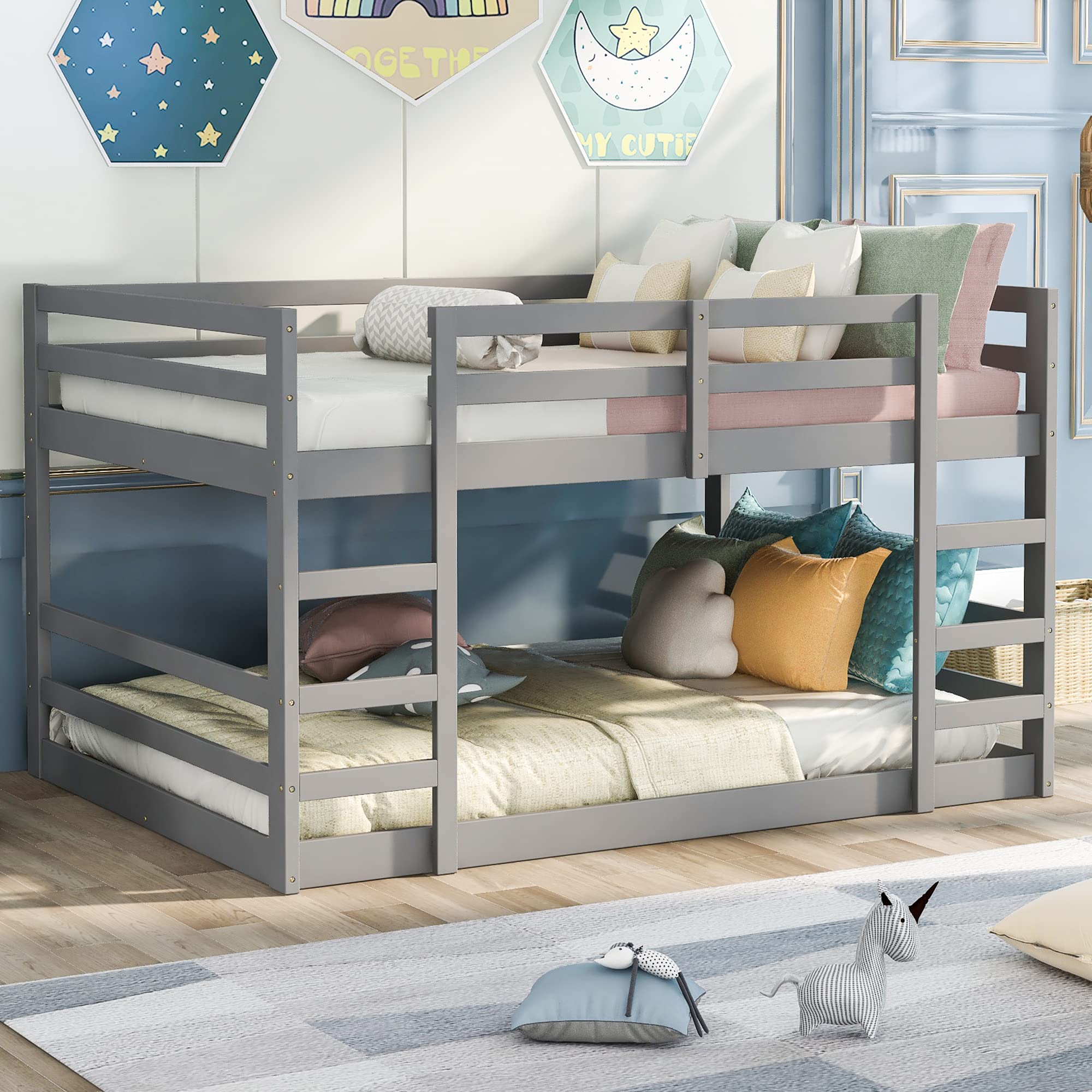 P PURLOVE Full Over Full Wooden Bunk Bed for Kids & Teens - Low Profile Loft Bed with Wood Slats Support (No Box Spring Needed) - Perfect for Small Bedrooms, Dorms, and Shared Kids' Rooms