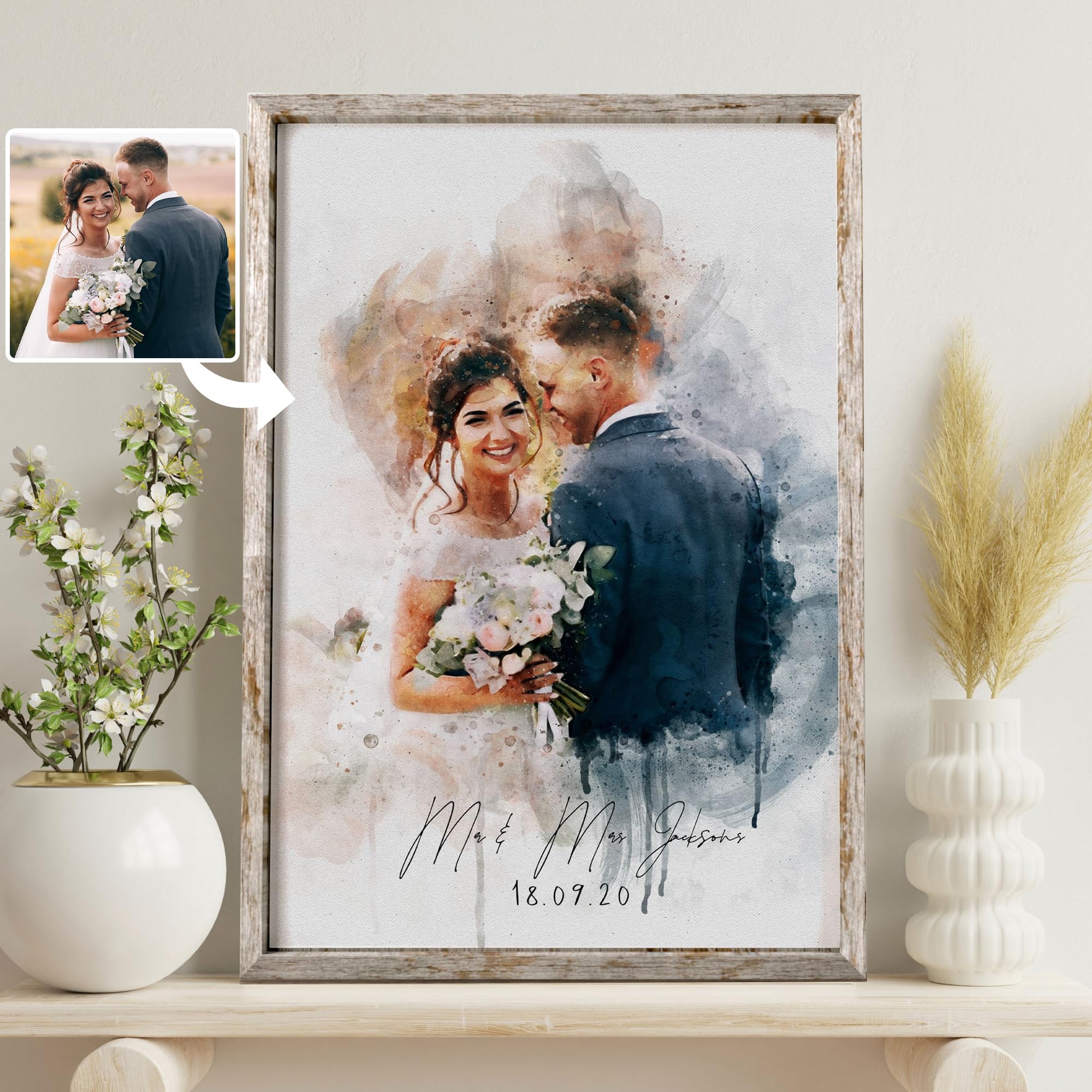 Custom Watercolor Couple Portrait - Romantic Gift for Anniversary, Valentine's Day & Wedding - Wall Art Decor