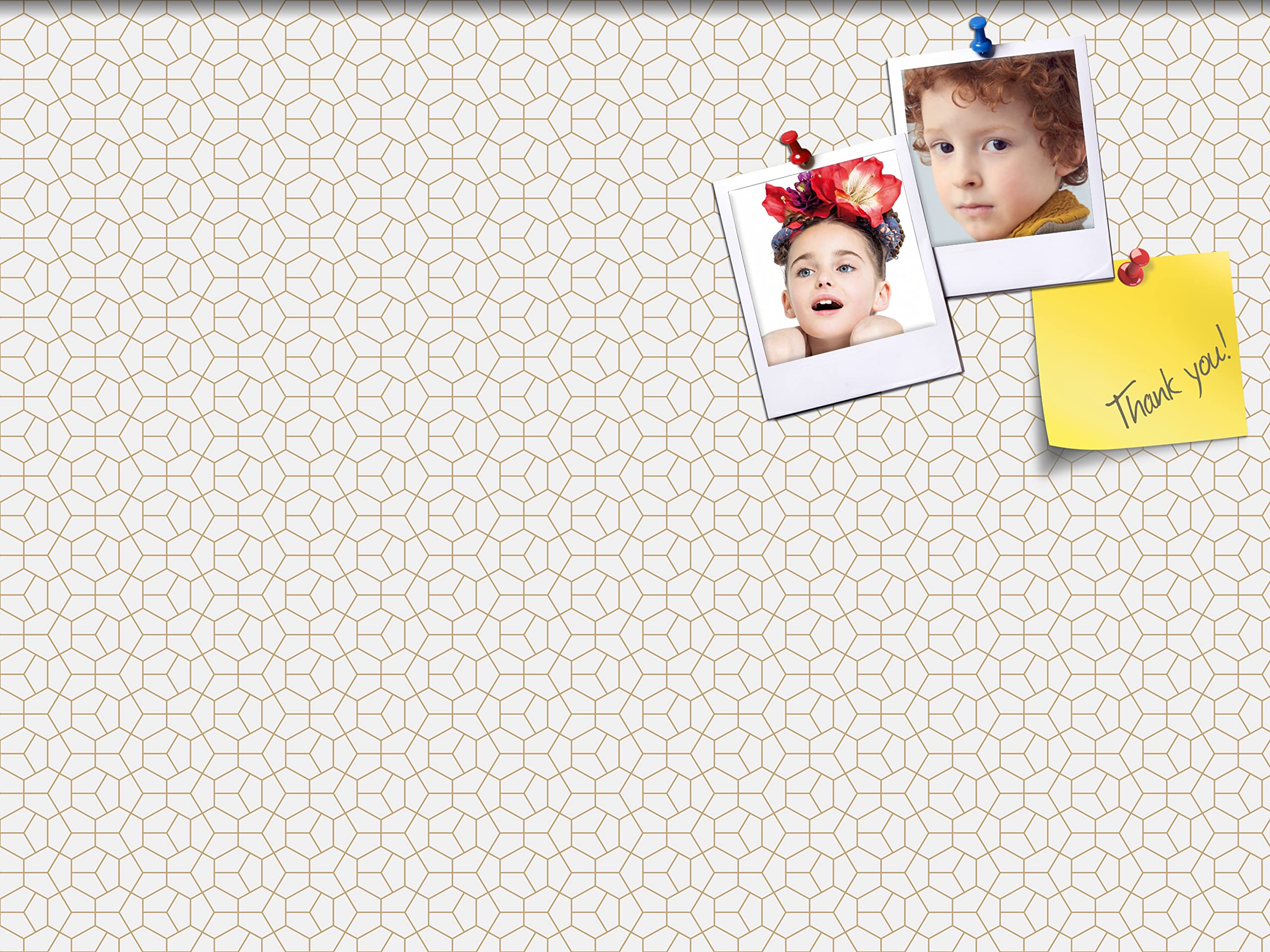 PinPix 40x30 Inch Cork Bulletin Board - Decorative Framed Pin Board with Modern Hex Gold Design & Satin White Frame - Perfect for Home Office Decor, School Classroom, Dorm Room Organization & Wall Memo Board (PinPix-1537)