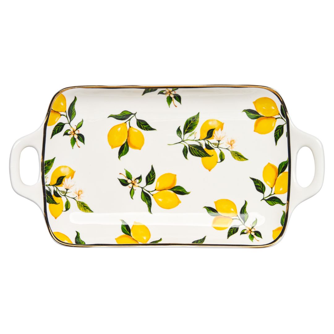 Ceramic Serving Tray with Handles - Classic Lemons Design - 11.75 x 7 Inches - Perfect for Breakfast, Brunch, and Entertaining Guests