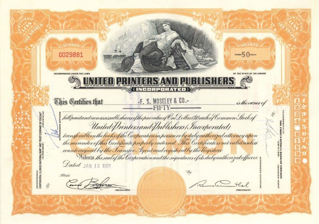 United Printers and Publishers, Inc. Vintage Stock Certificate - Collectible Financial Document for Framing & Wall Decor | Perfect for History Buffs, Investors, and Office Decoration